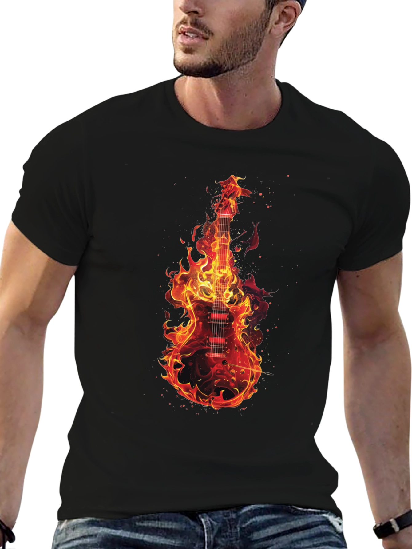 Flaming Guitar Graphic T-Shirt - Rock On!