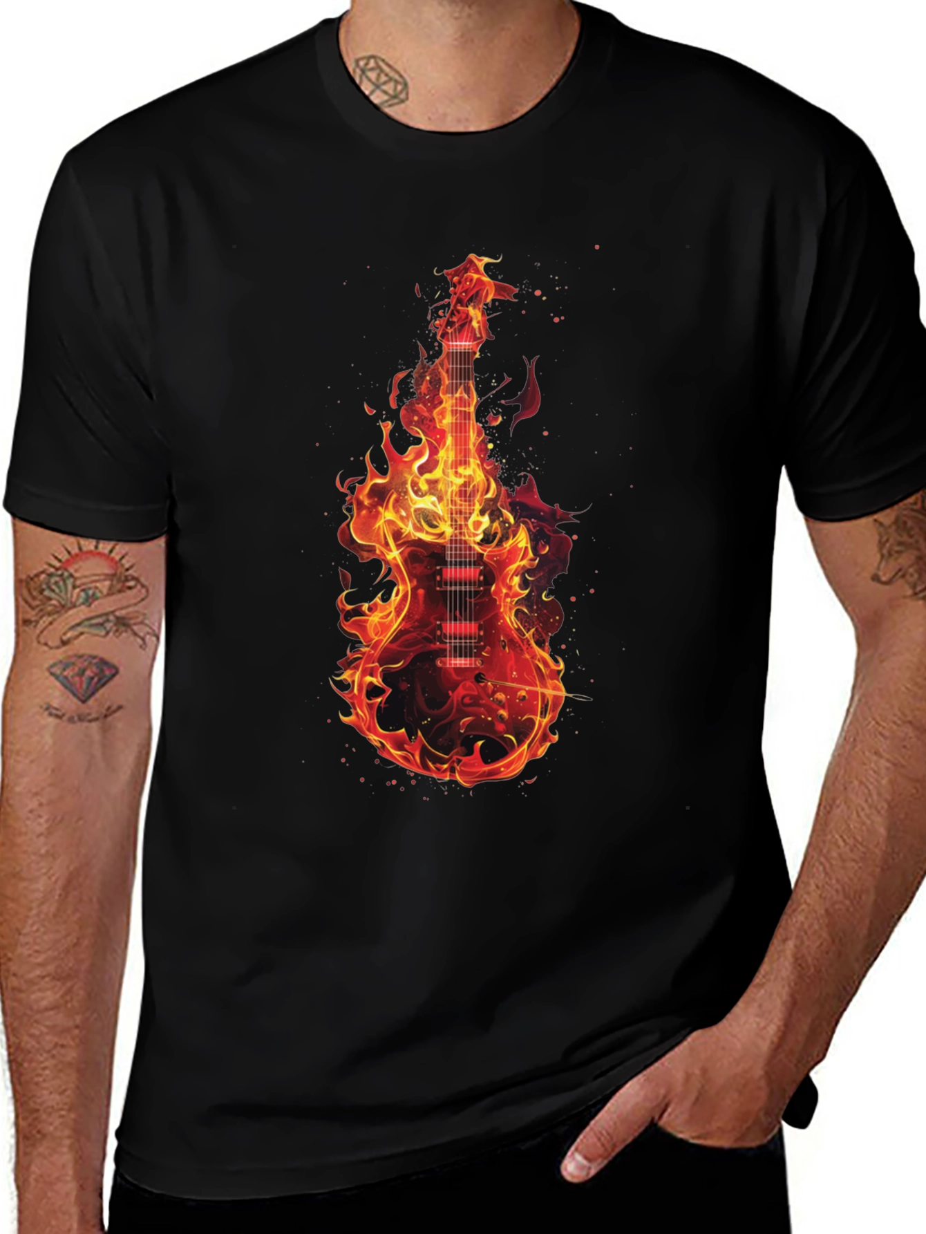 Flaming Guitar Graphic T-Shirt - Rock On!