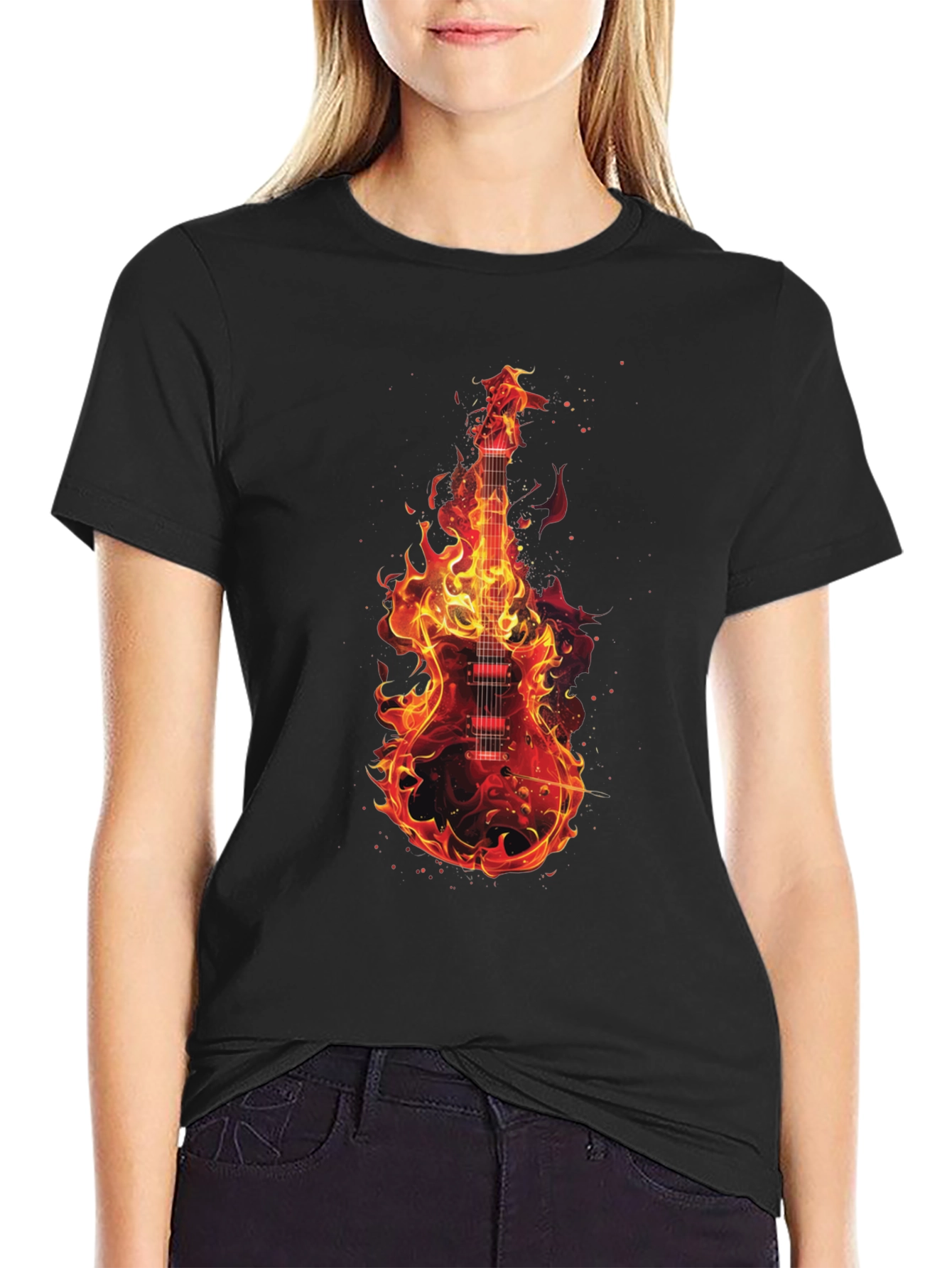 Flaming Guitar Graphic T-Shirt - Rock On!