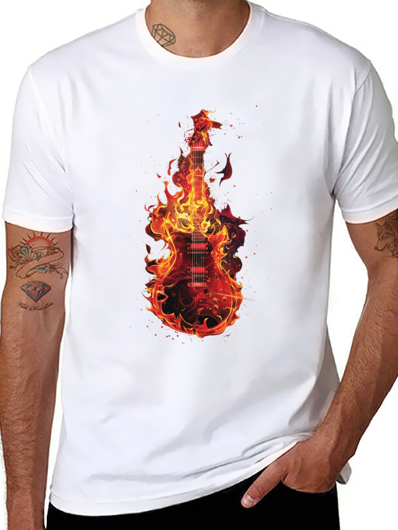 Flaming Guitar Graphic T-Shirt - Rock On!