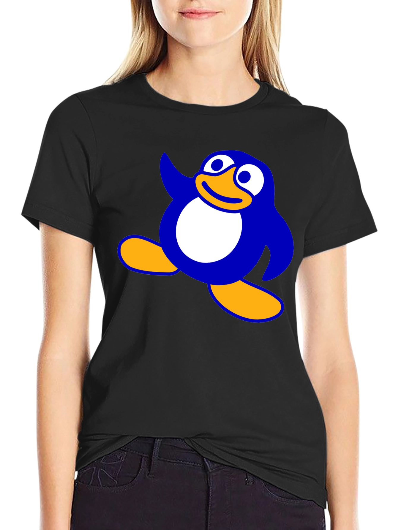Cartoon Penguin Graphic Black T-Shirt