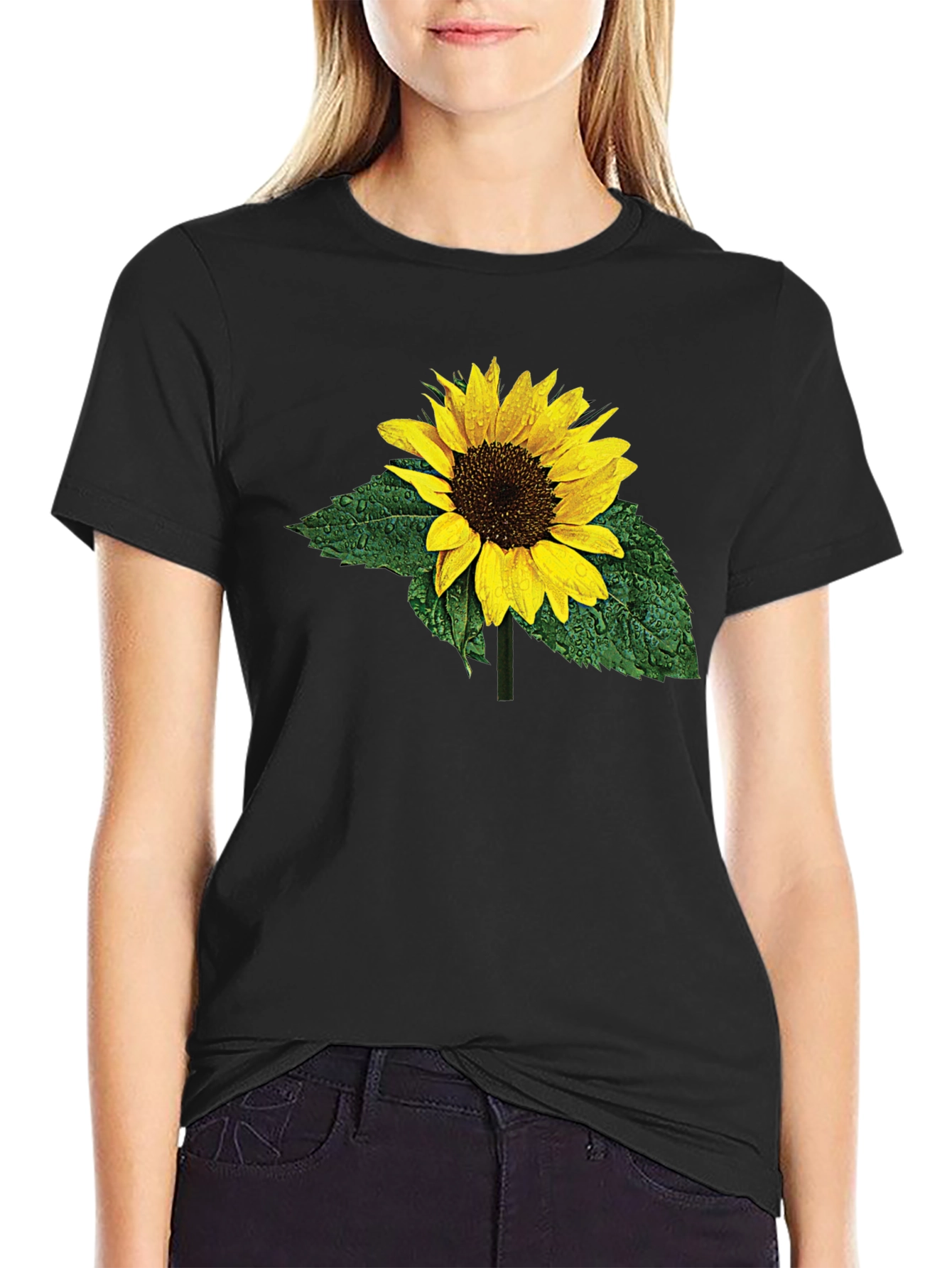 Sunflower Print Black T-Shirt
