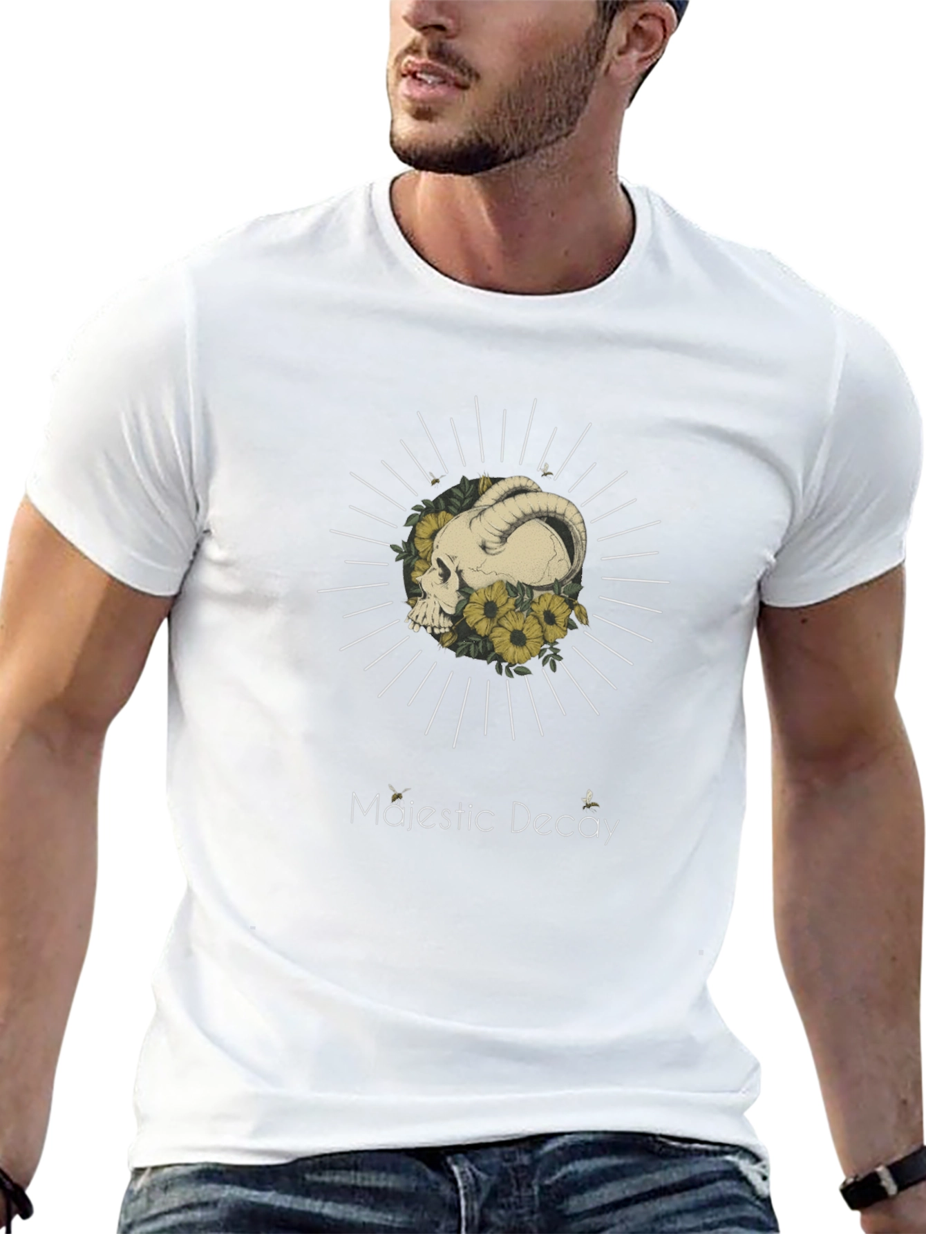 Majestic Decay Graphic Tee - Ram Skull & Sunflowers