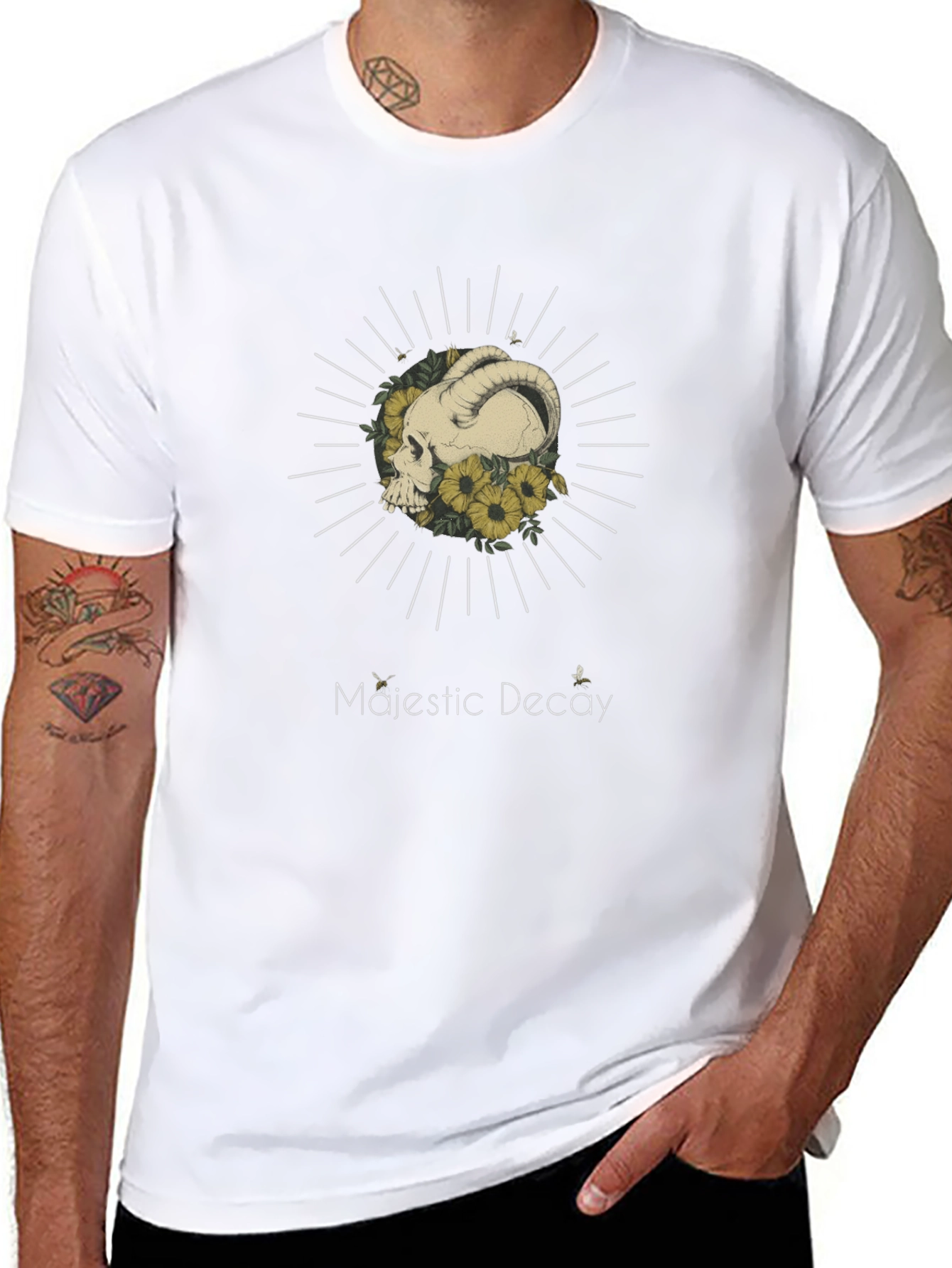 Majestic Decay Graphic Tee - Ram Skull & Sunflowers