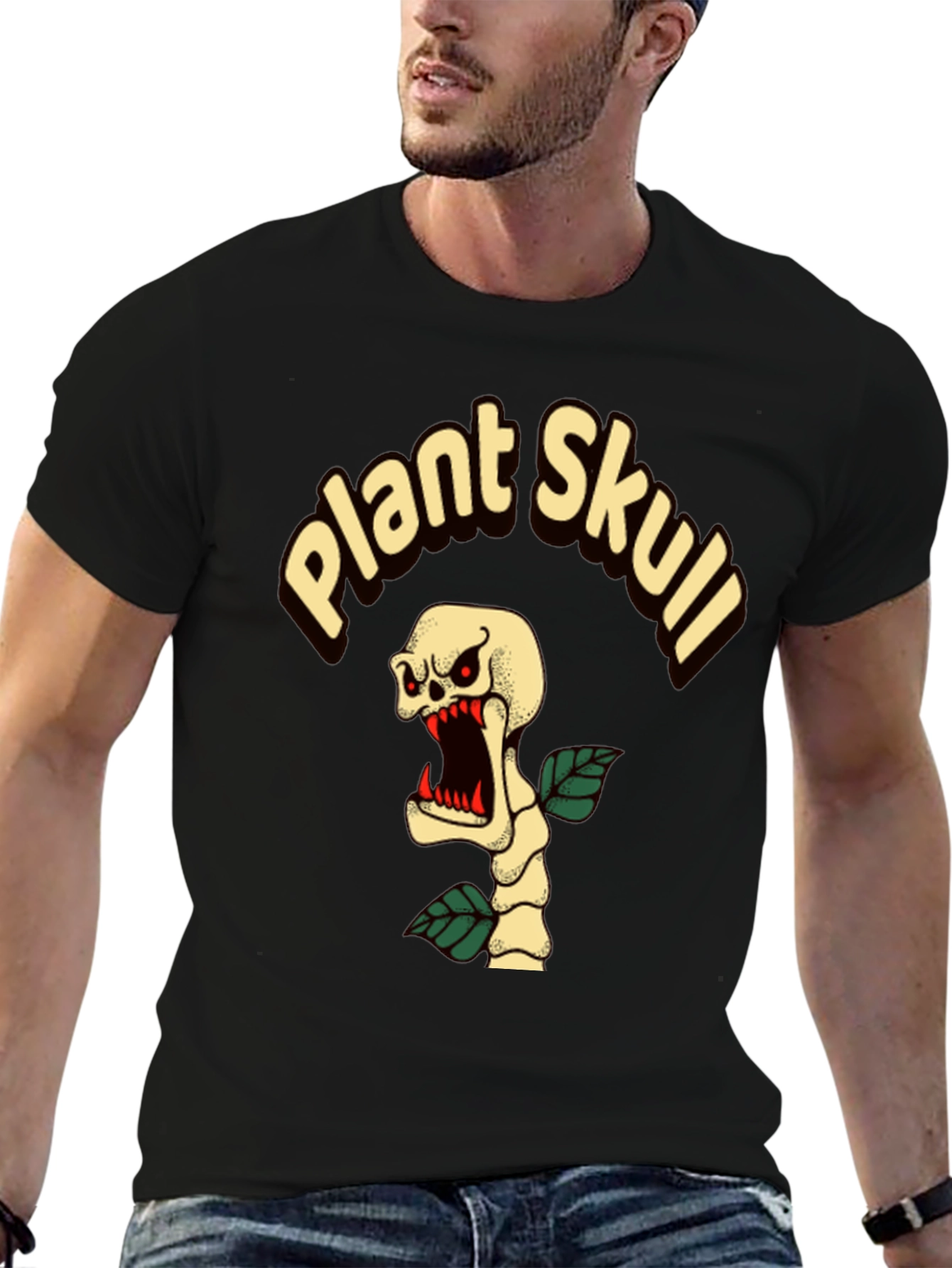 Plant Skull Graphic T-Shirt - Black Cotton Tee
