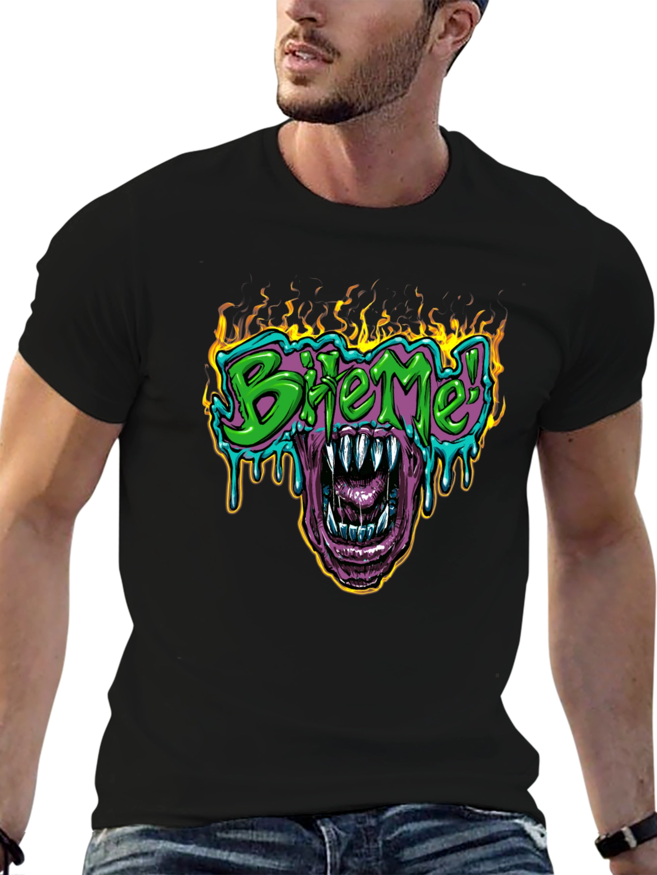 Bite Me T-Shirt - Fiery Graphic Print Tee