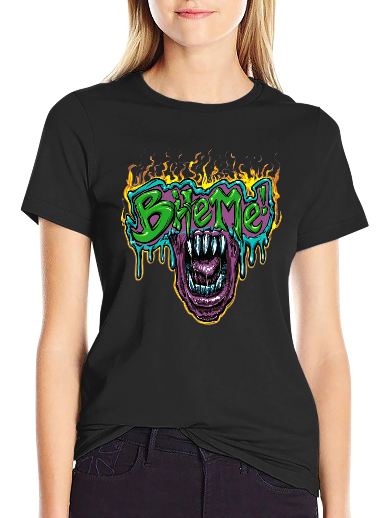Bite Me T-Shirt - Fiery Graphic Print Tee