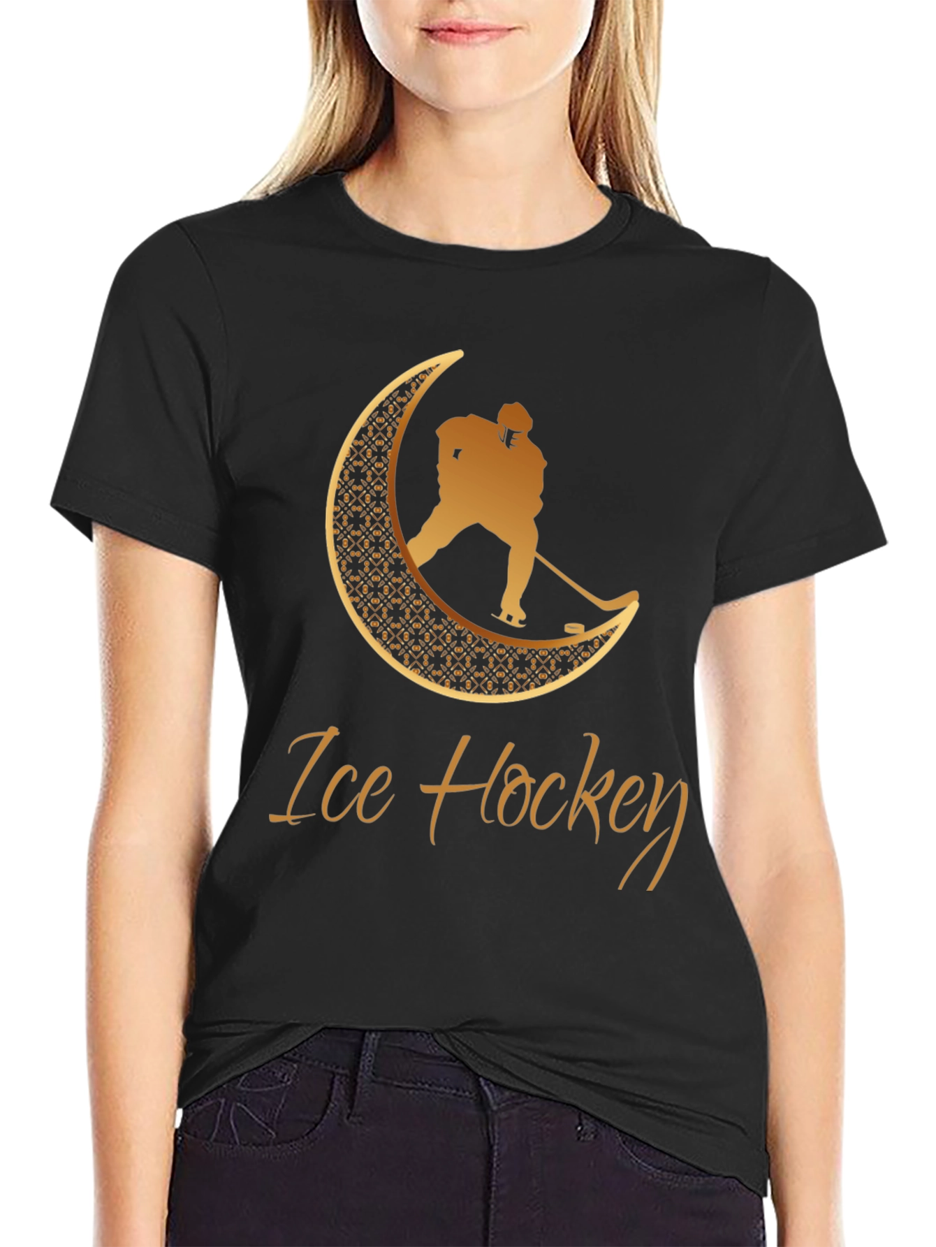 Ice Hockey Crescent Moon Graphic Tee