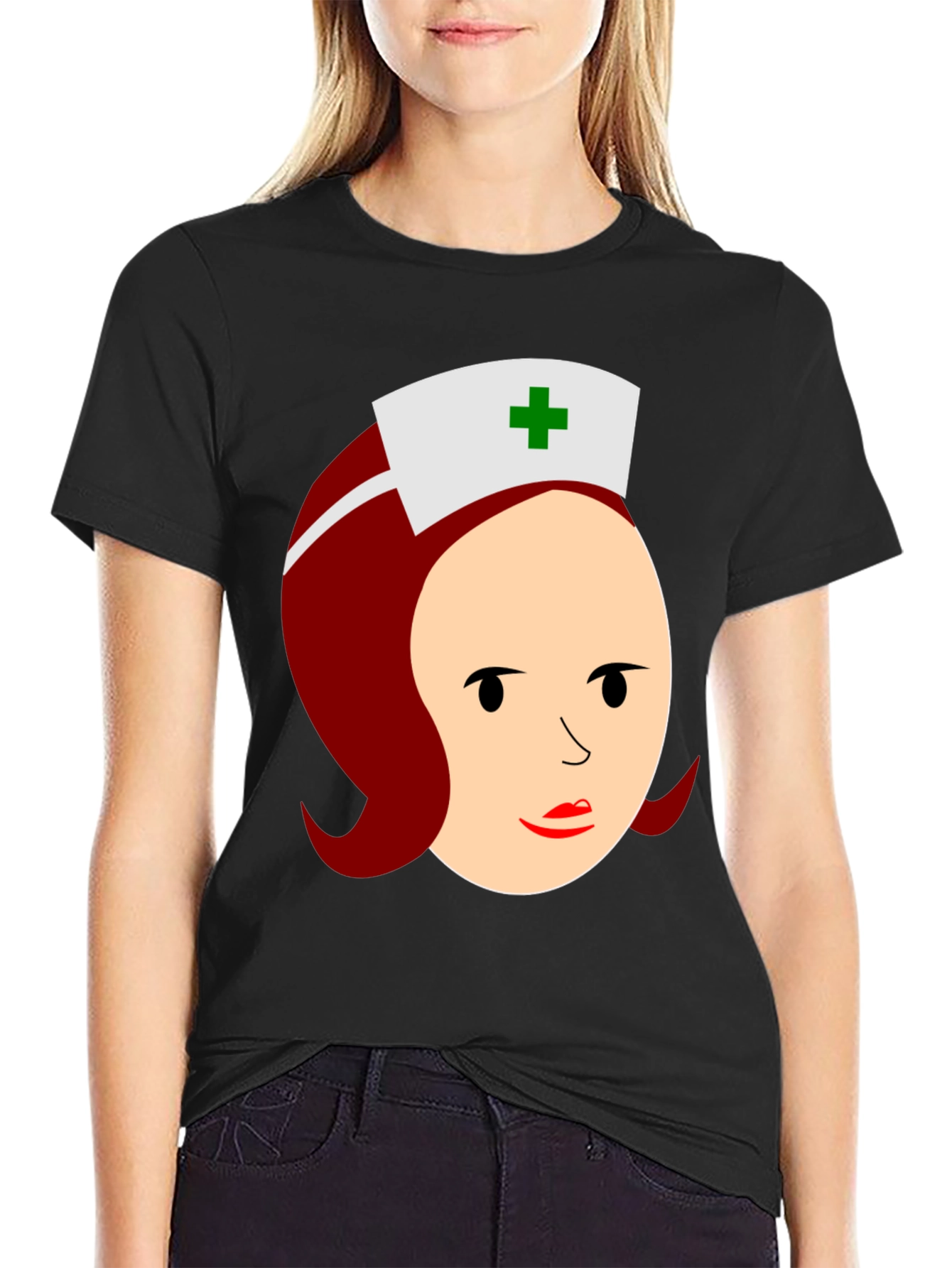 Nurse Cartoon Graphic T-Shirt - Black