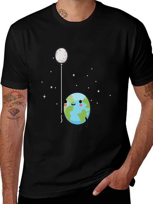 Earth & Moon Graphic Tee - Black Cotton Blend T-Shirt