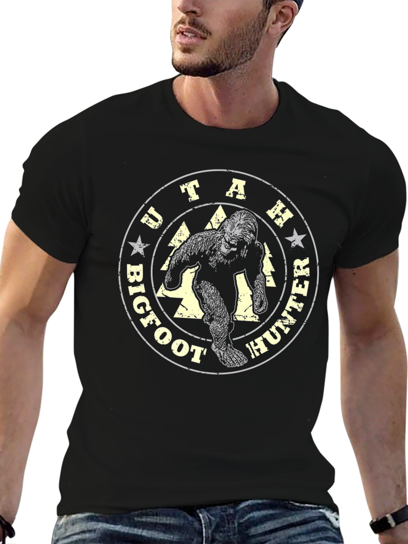 Utah Bigfoot Hunter T-Shirt - Black Graphic Tee