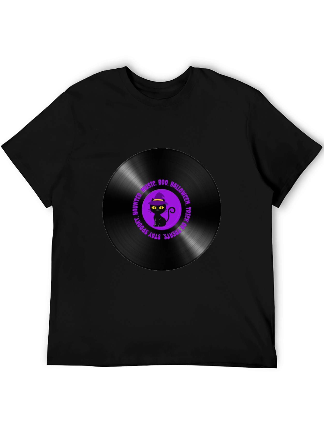 Halloween Black Cat Vinyl Record T-Shirt