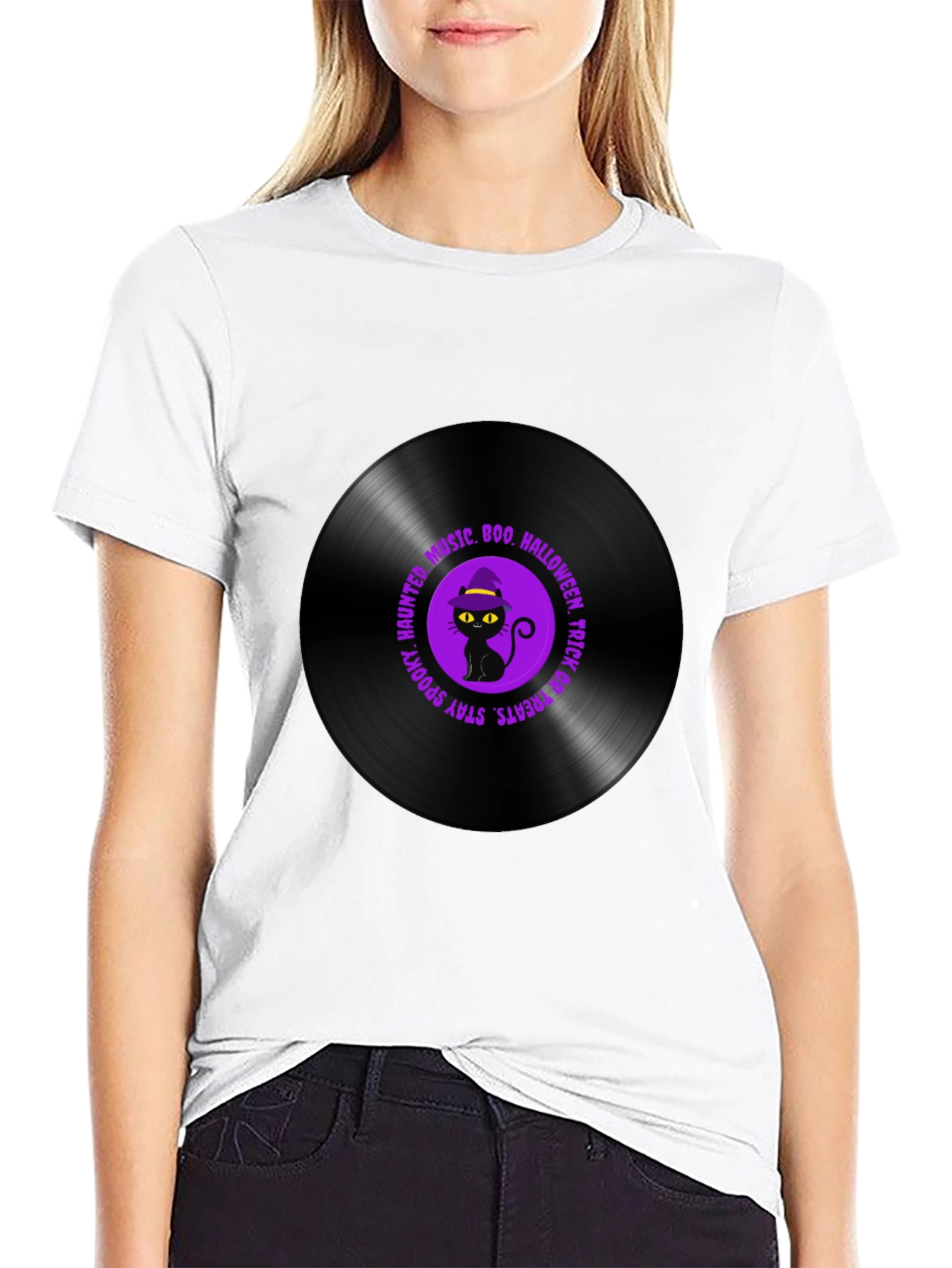 Halloween Black Cat Vinyl Record T-Shirt
