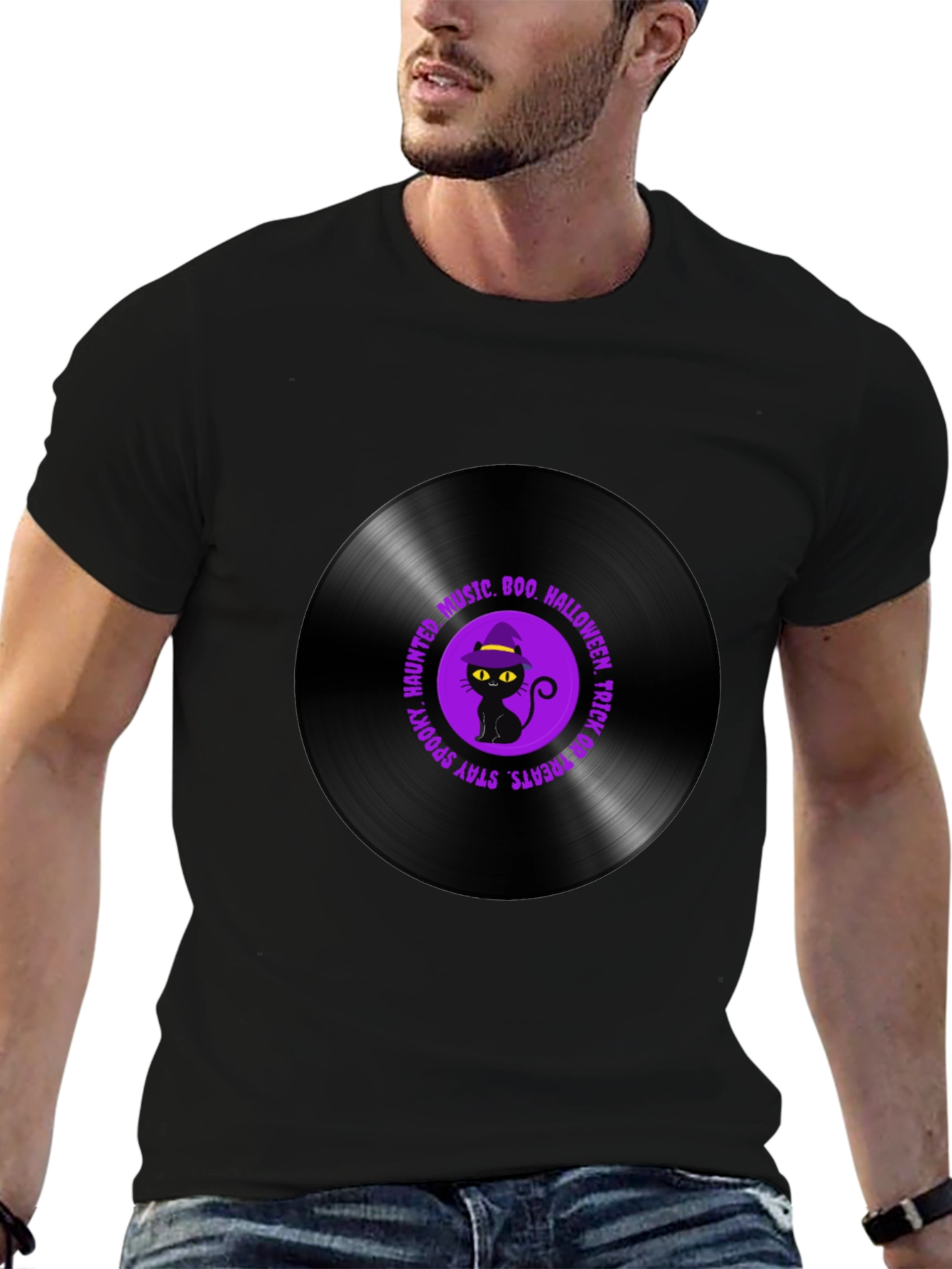 Halloween Black Cat Vinyl Record T-Shirt