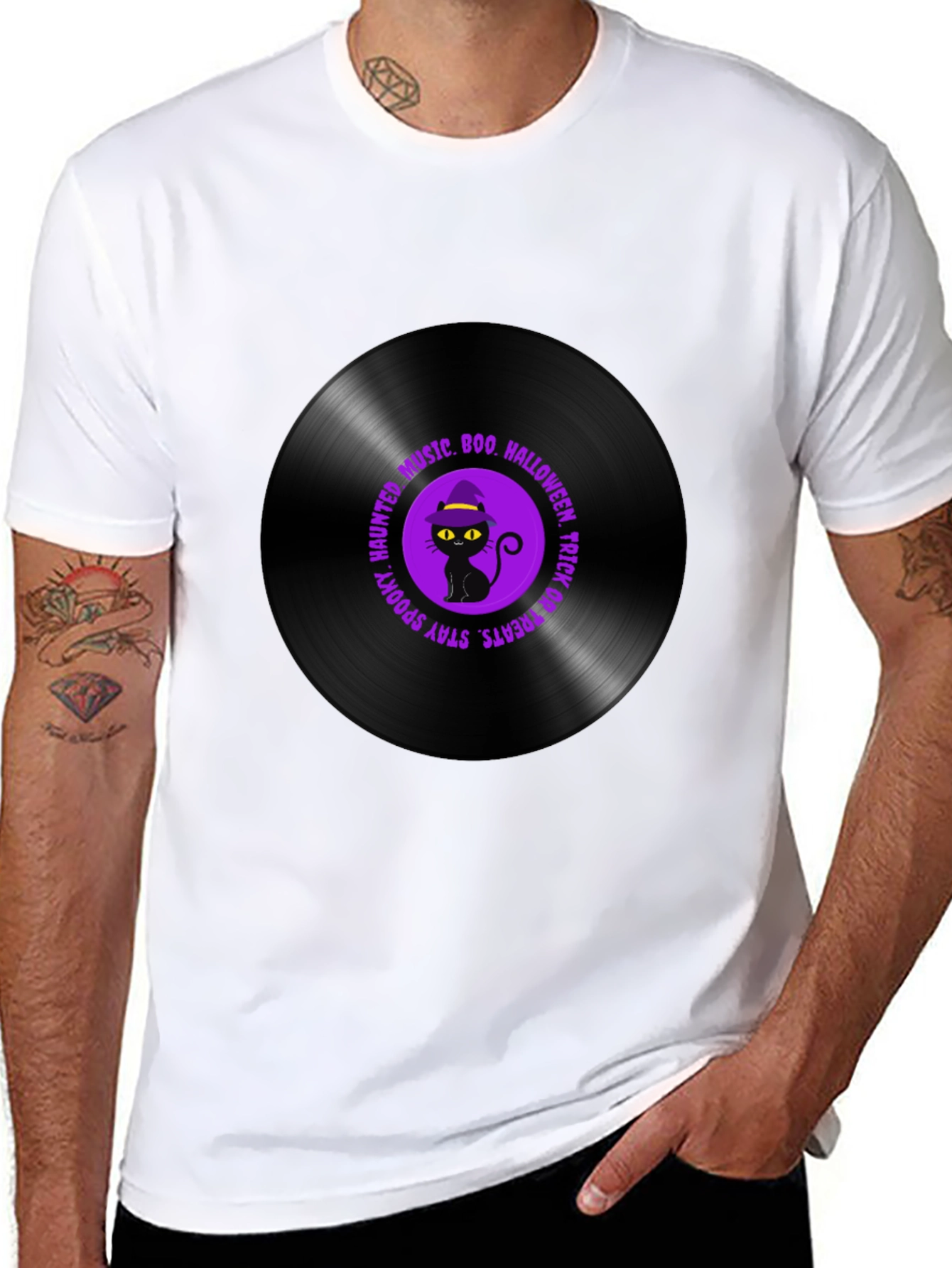 Halloween Black Cat Vinyl Record T-Shirt