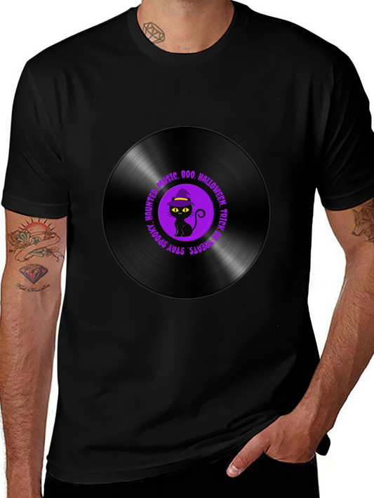 Halloween Black Cat Vinyl Record T-Shirt