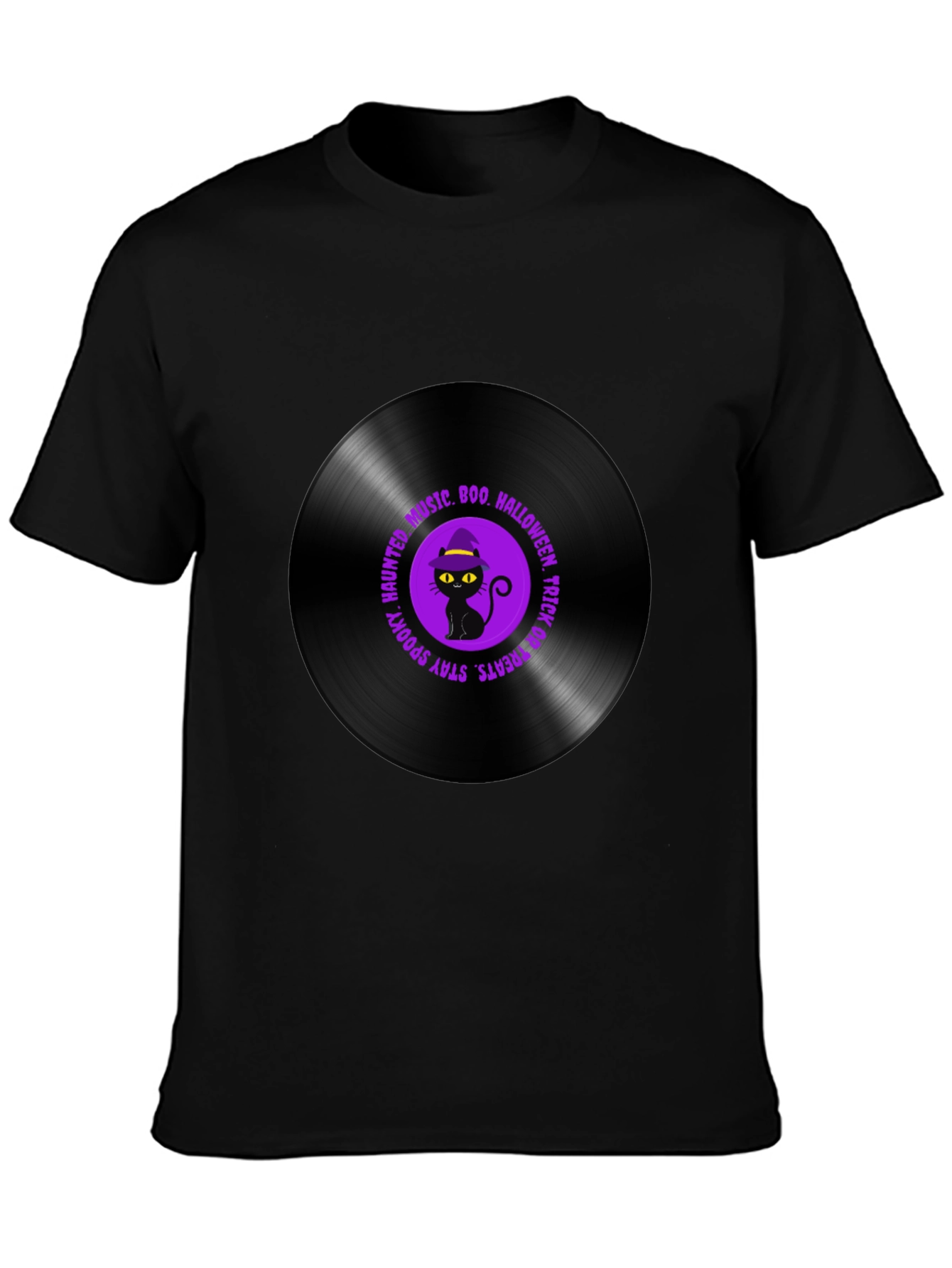 Halloween Black Cat Vinyl Record T-Shirt
