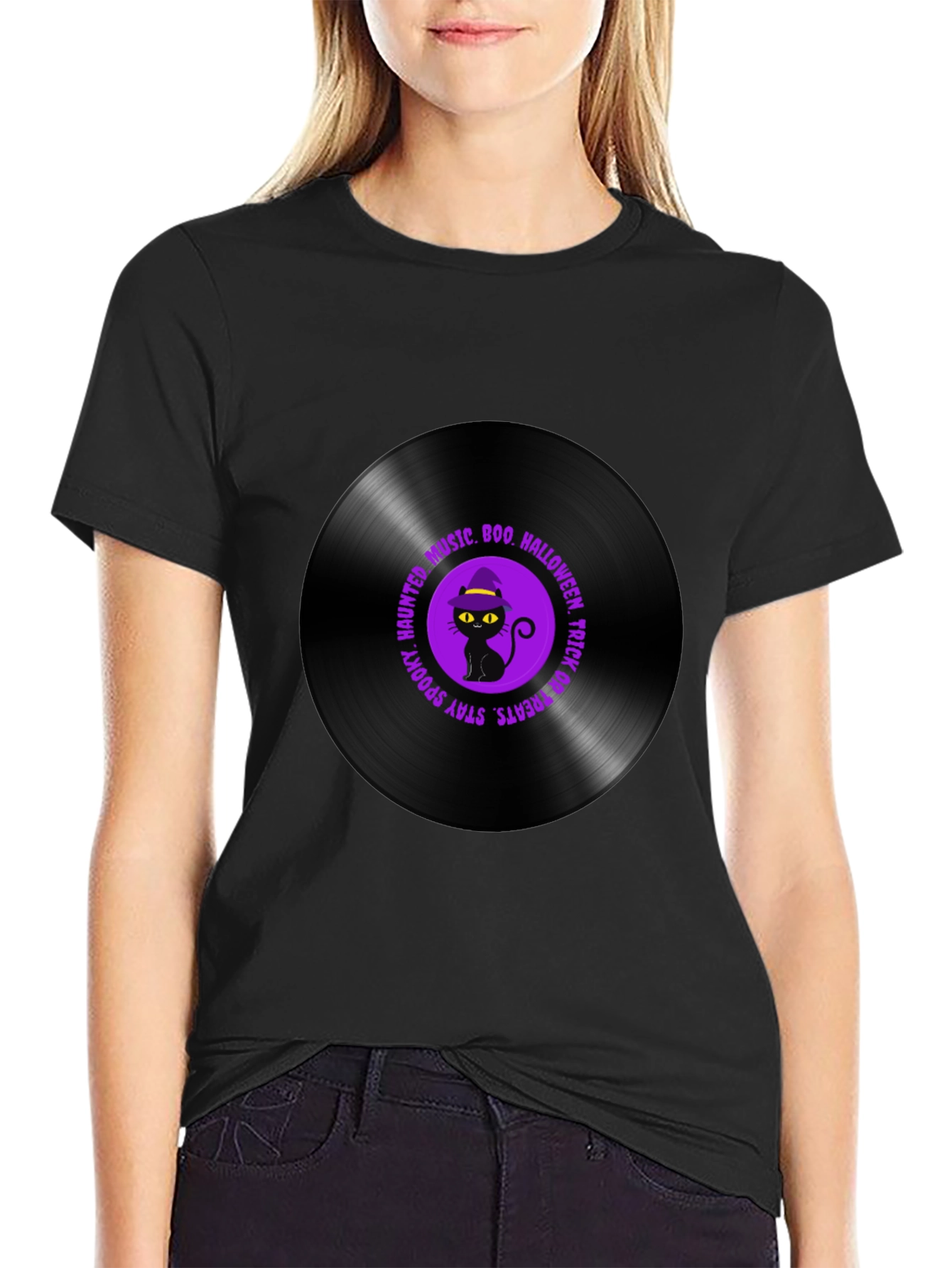 Halloween Black Cat Vinyl Record T-Shirt