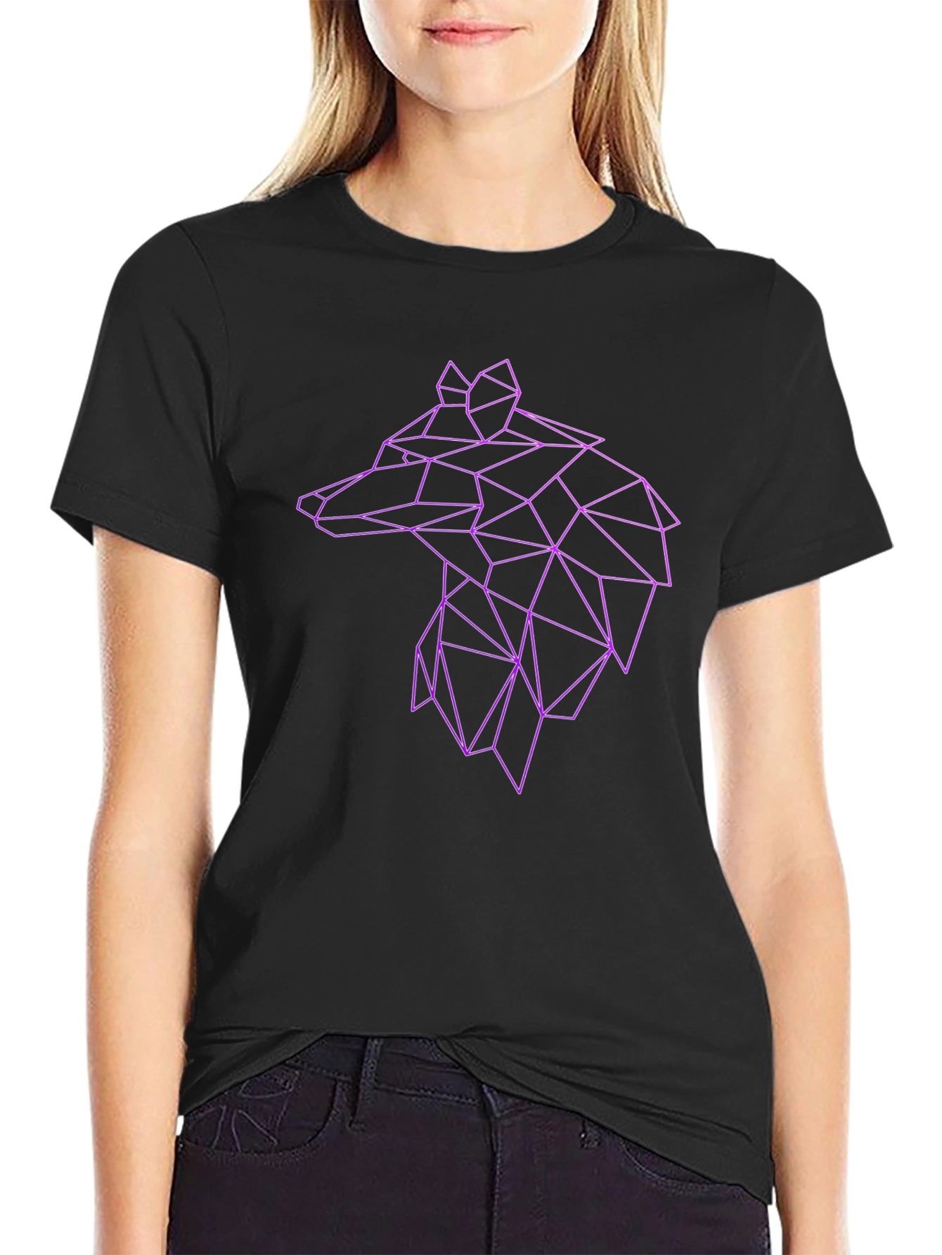 Geometric Wolf Graphic Tee - Black Cotton