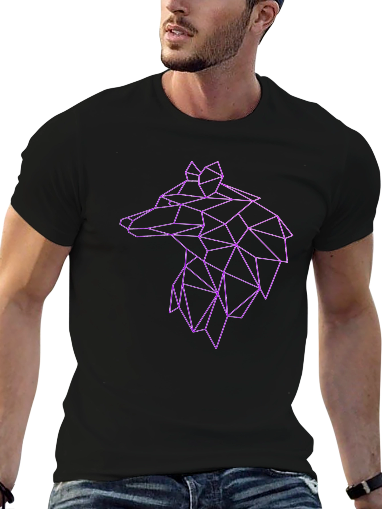 Geometric Wolf Graphic Tee - Black Cotton