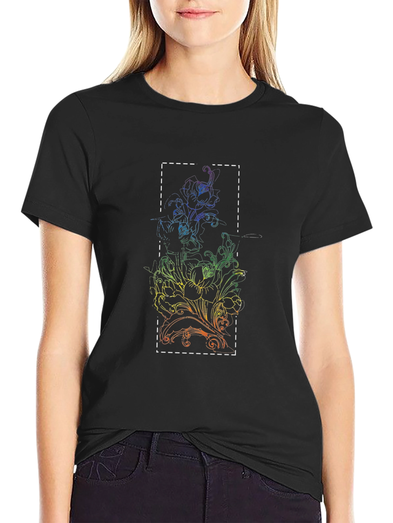 Rainbow Floral Graphic Black T-Shirt