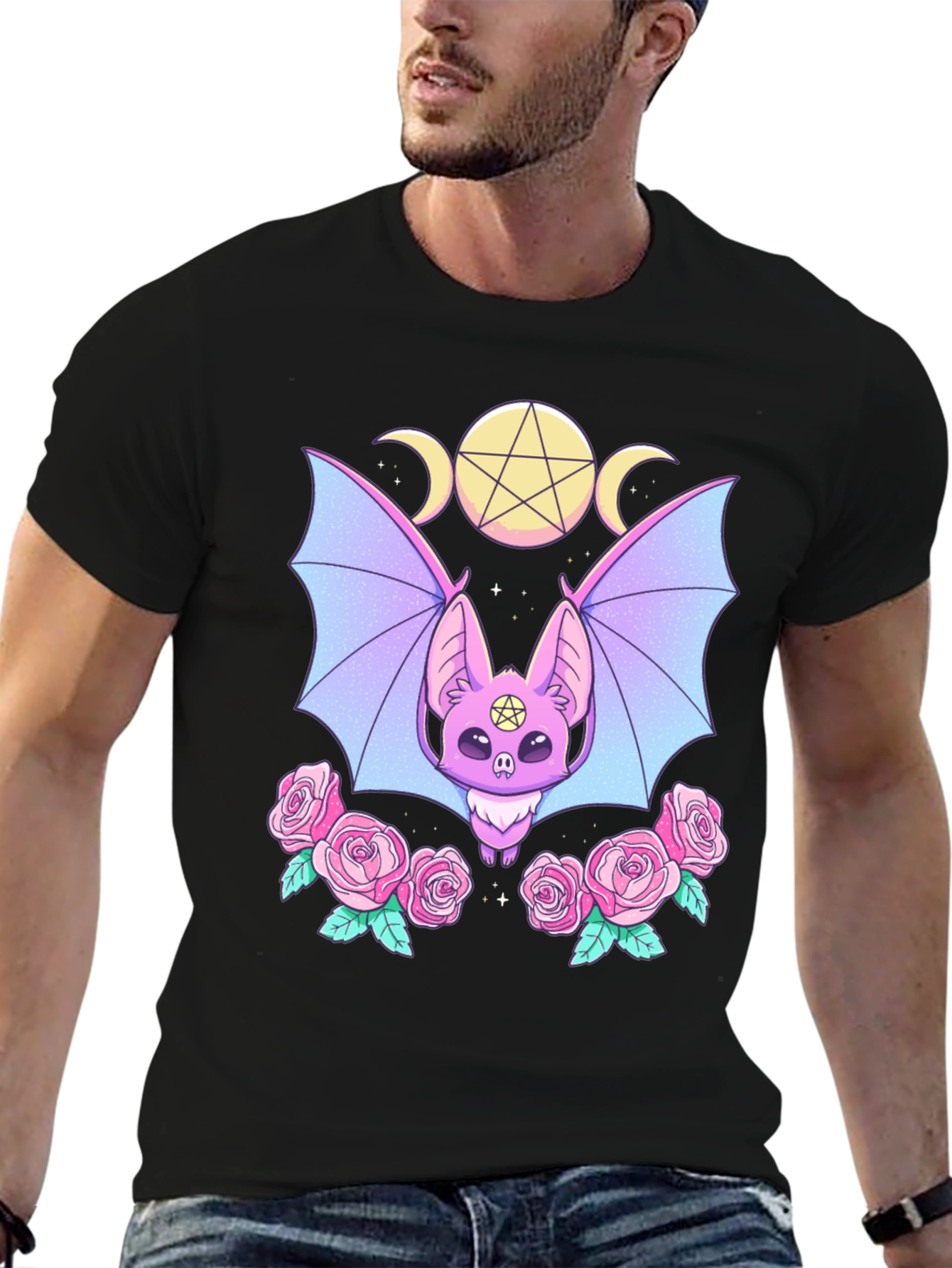 Pastel Goth Bat & Roses Graphic Tee