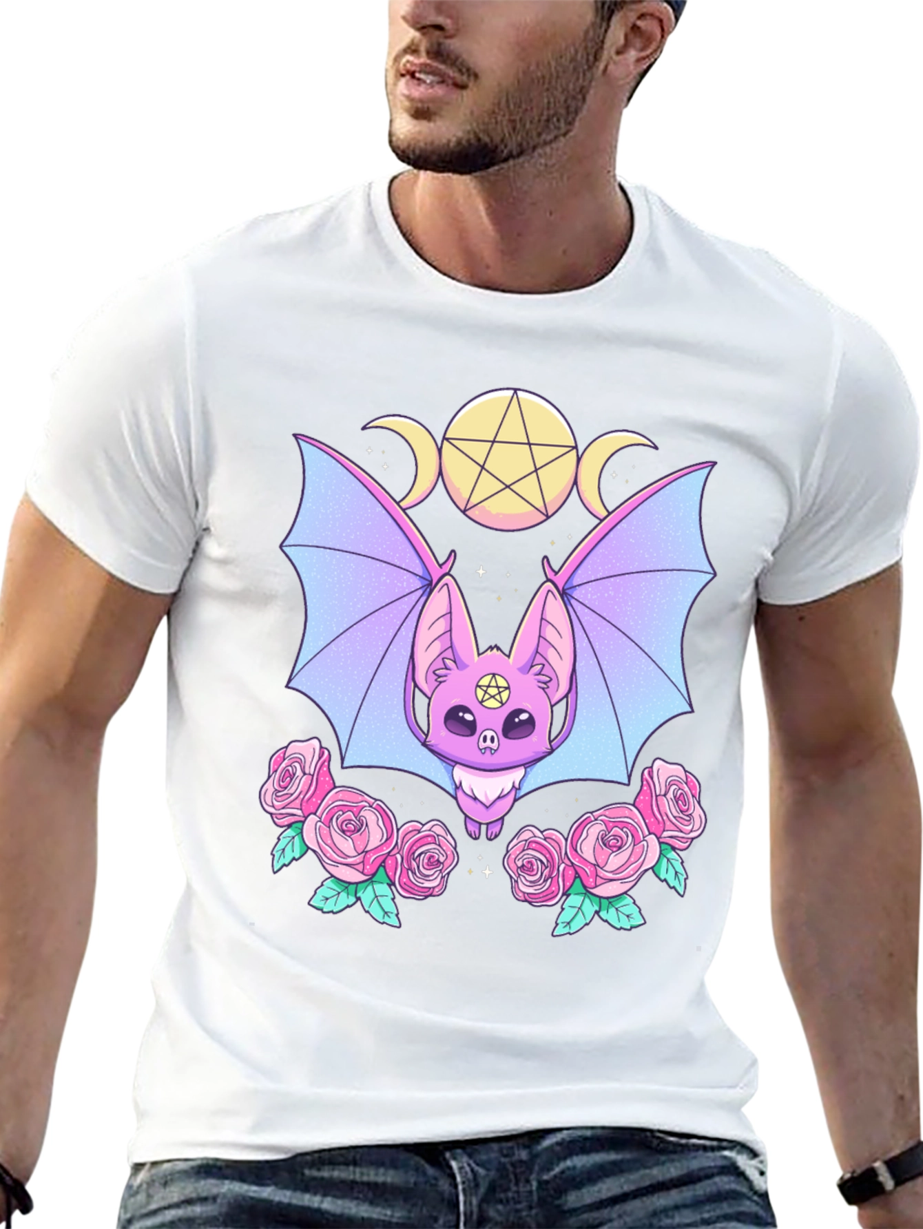 Pastel Goth Bat & Roses Graphic Tee