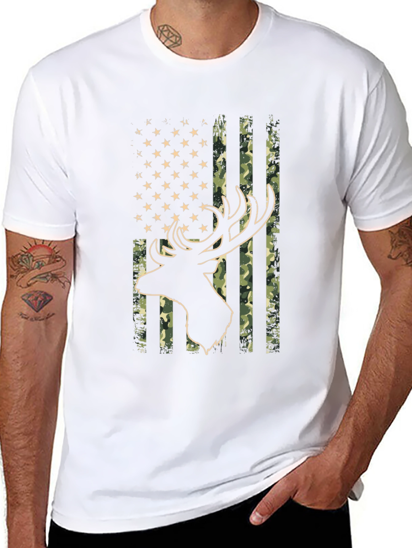 American Flag Camo Deer Head Graphic Tee - Black