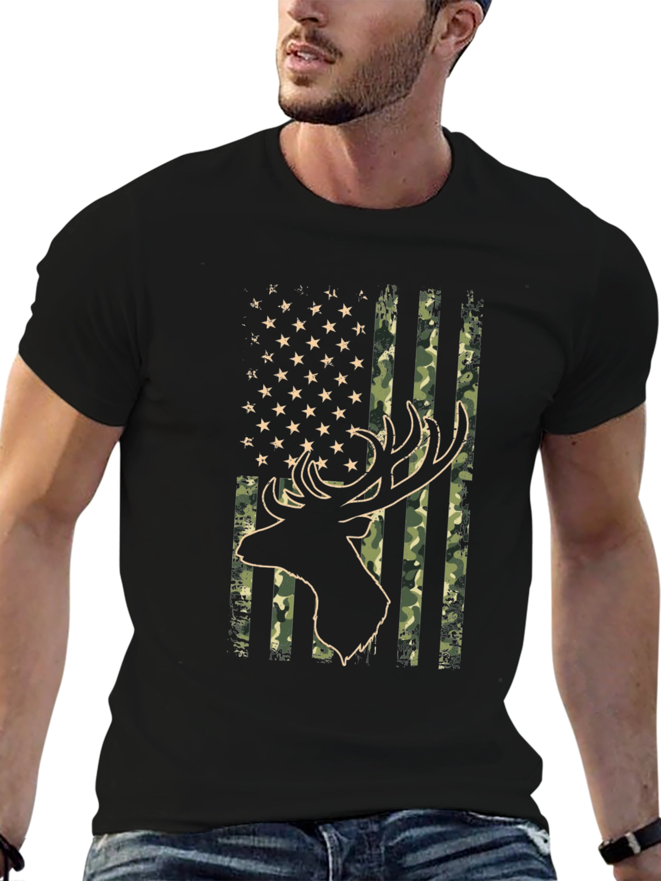 American Flag Camo Deer Head Graphic Tee - Black