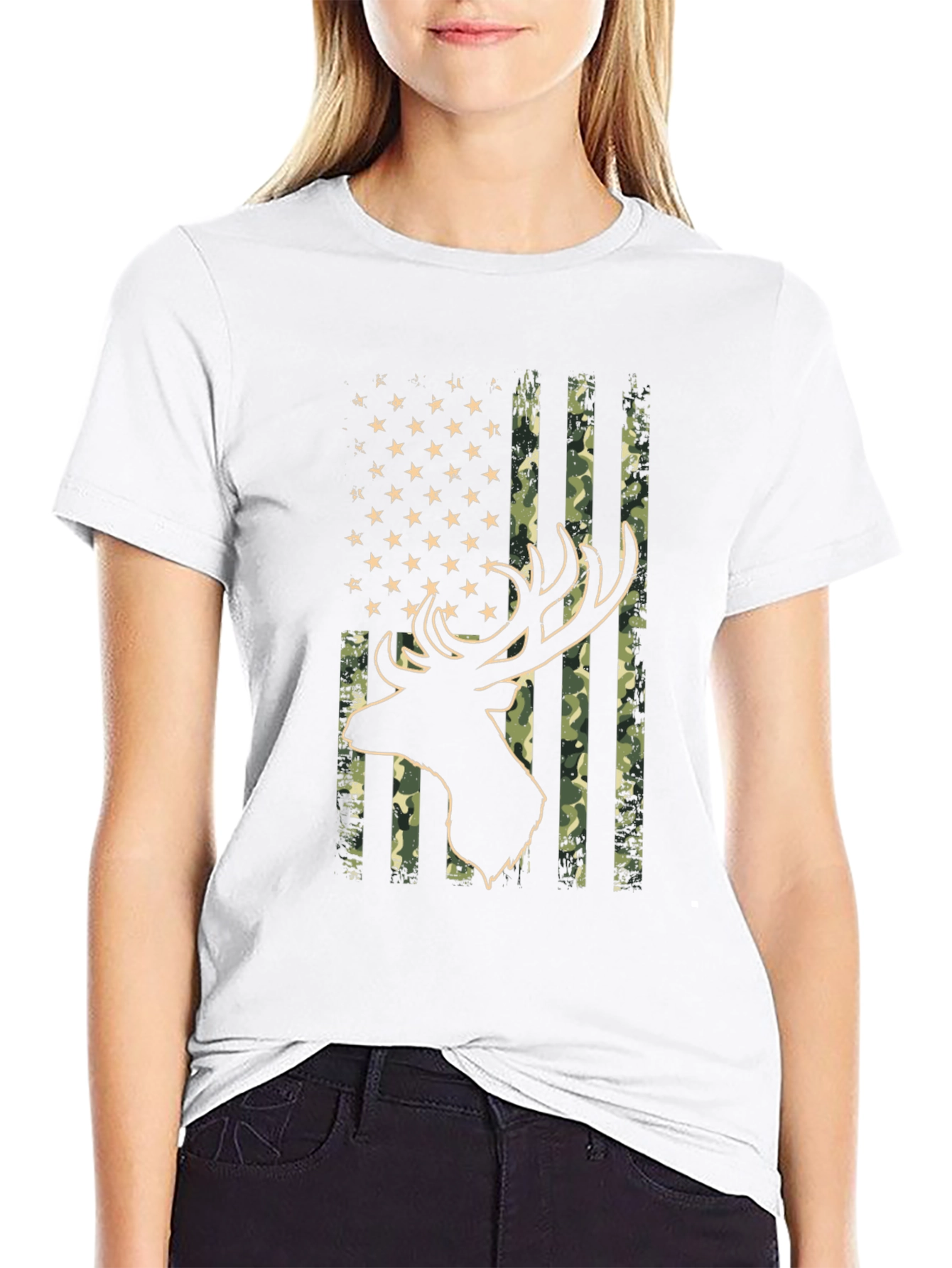 American Flag Camo Deer Head Graphic Tee - Black
