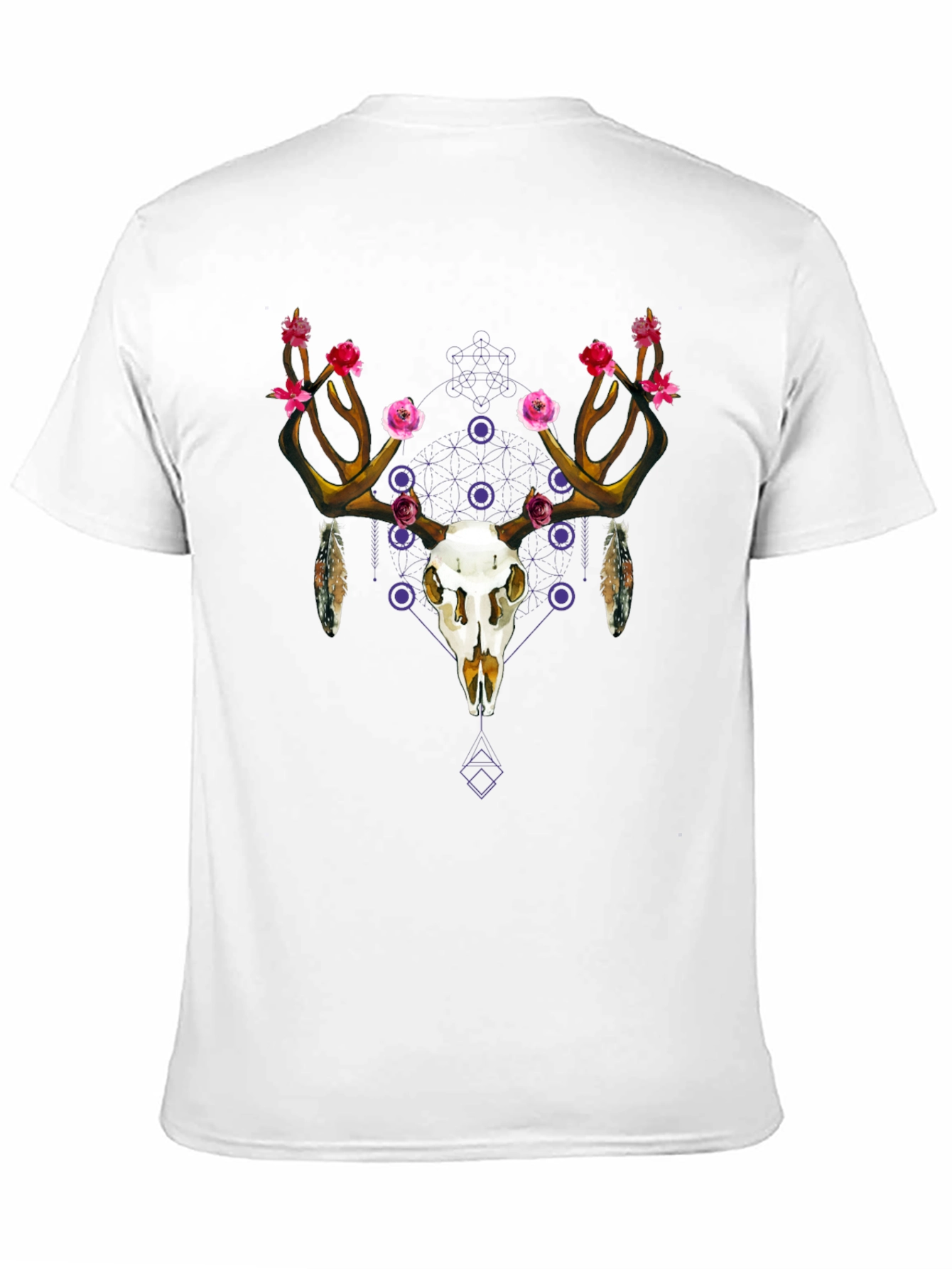 Floral Deer Skull Graphic Tee - Black Cotton