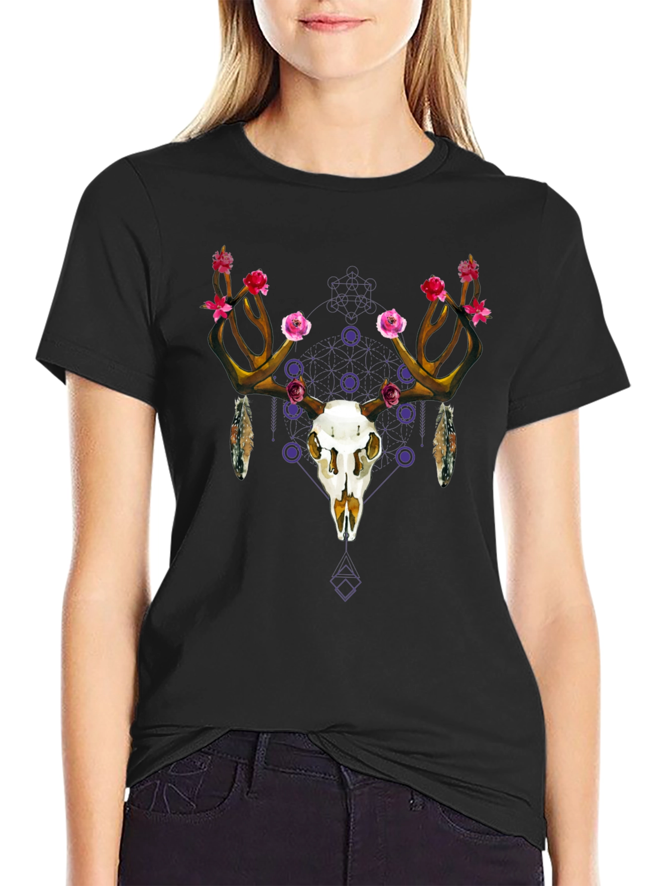 Floral Deer Skull Graphic Tee - Black Cotton