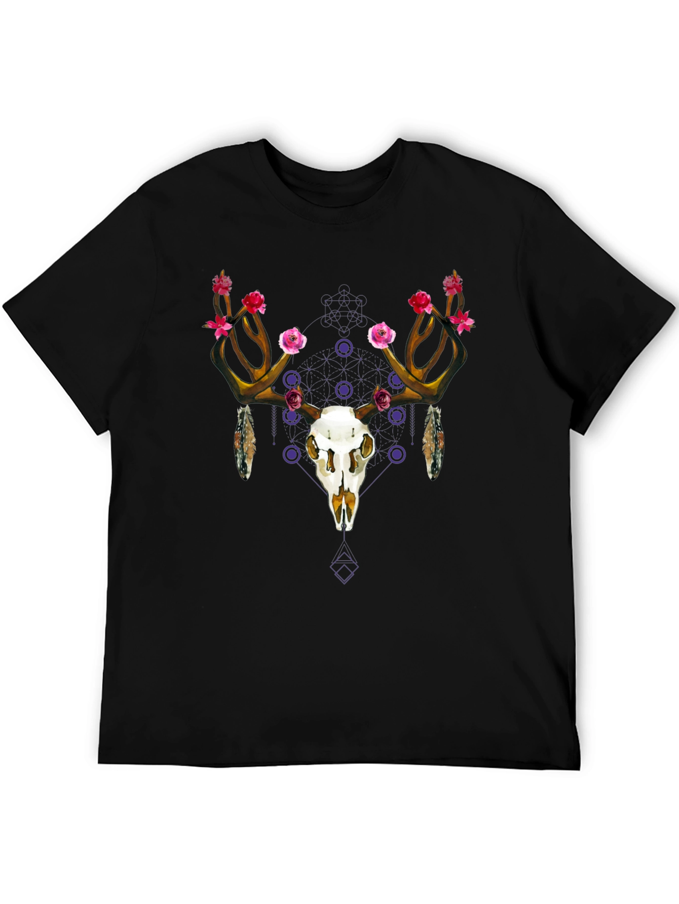 Floral Deer Skull Graphic Tee - Black Cotton
