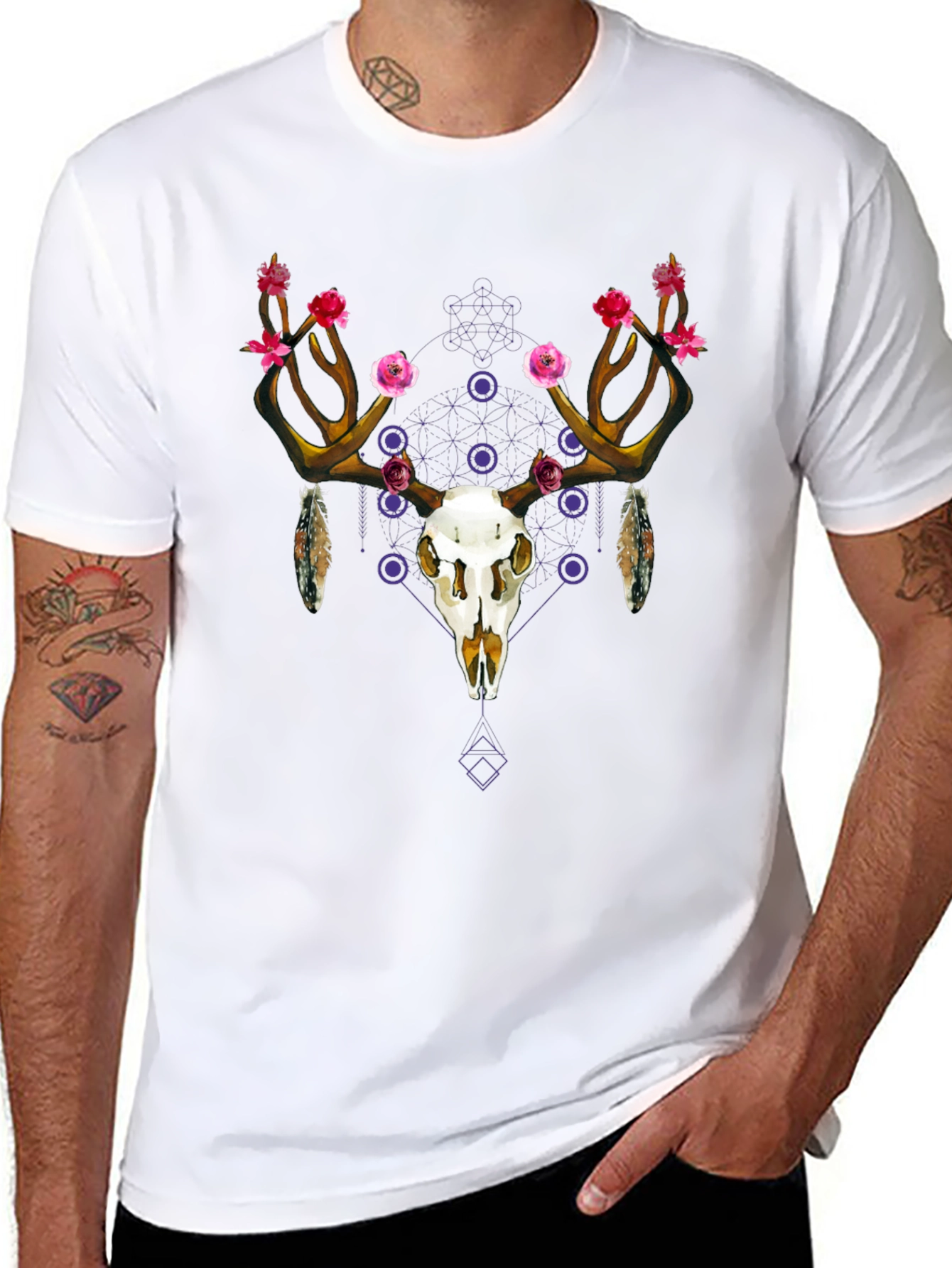 Floral Deer Skull Graphic Tee - Black Cotton