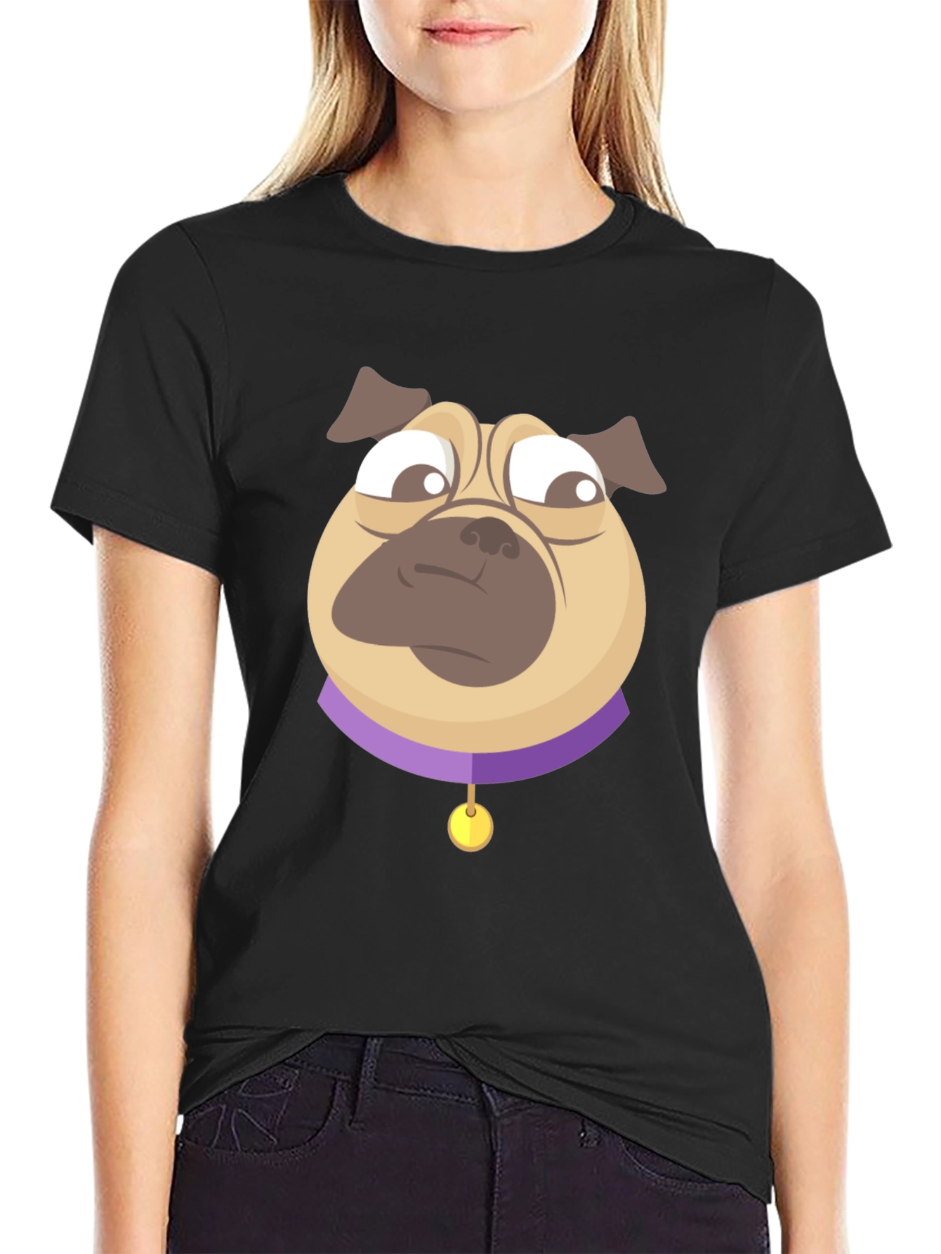 Pug Cartoon Graphic T-Shirt - Black Cotton Blend