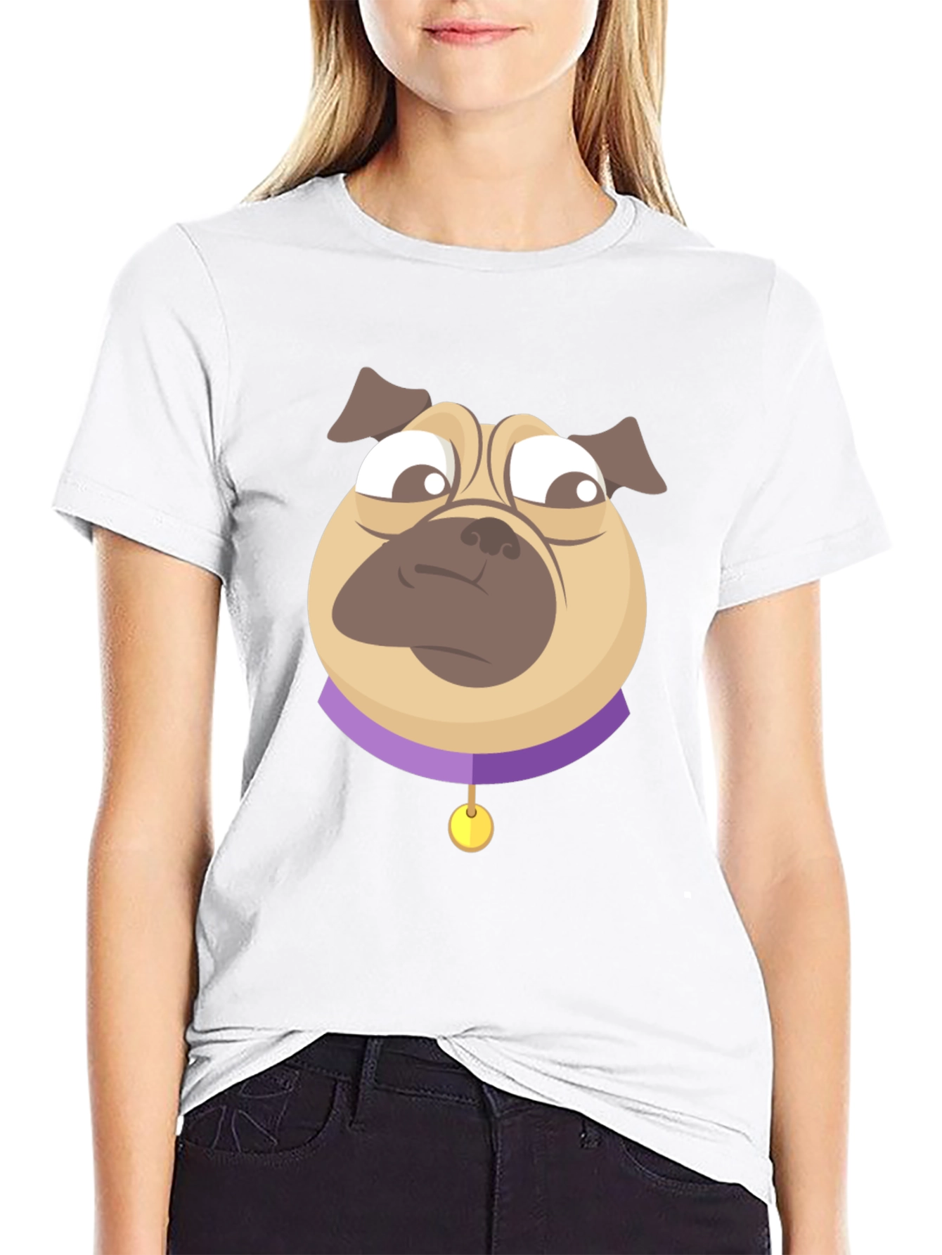 Pug Cartoon Graphic T-Shirt - Black Cotton Blend