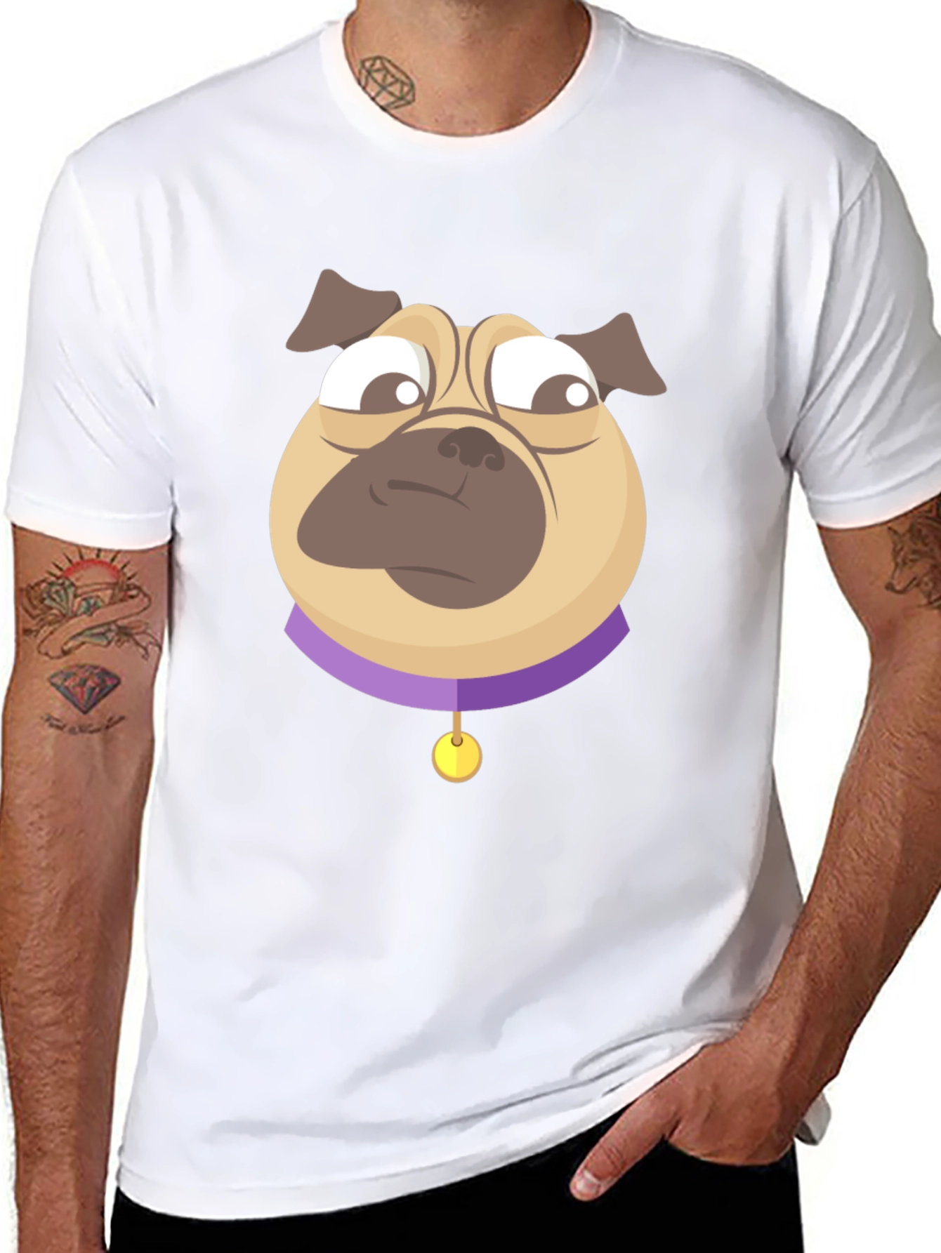 Pug Cartoon Graphic T-Shirt - Black Cotton Blend