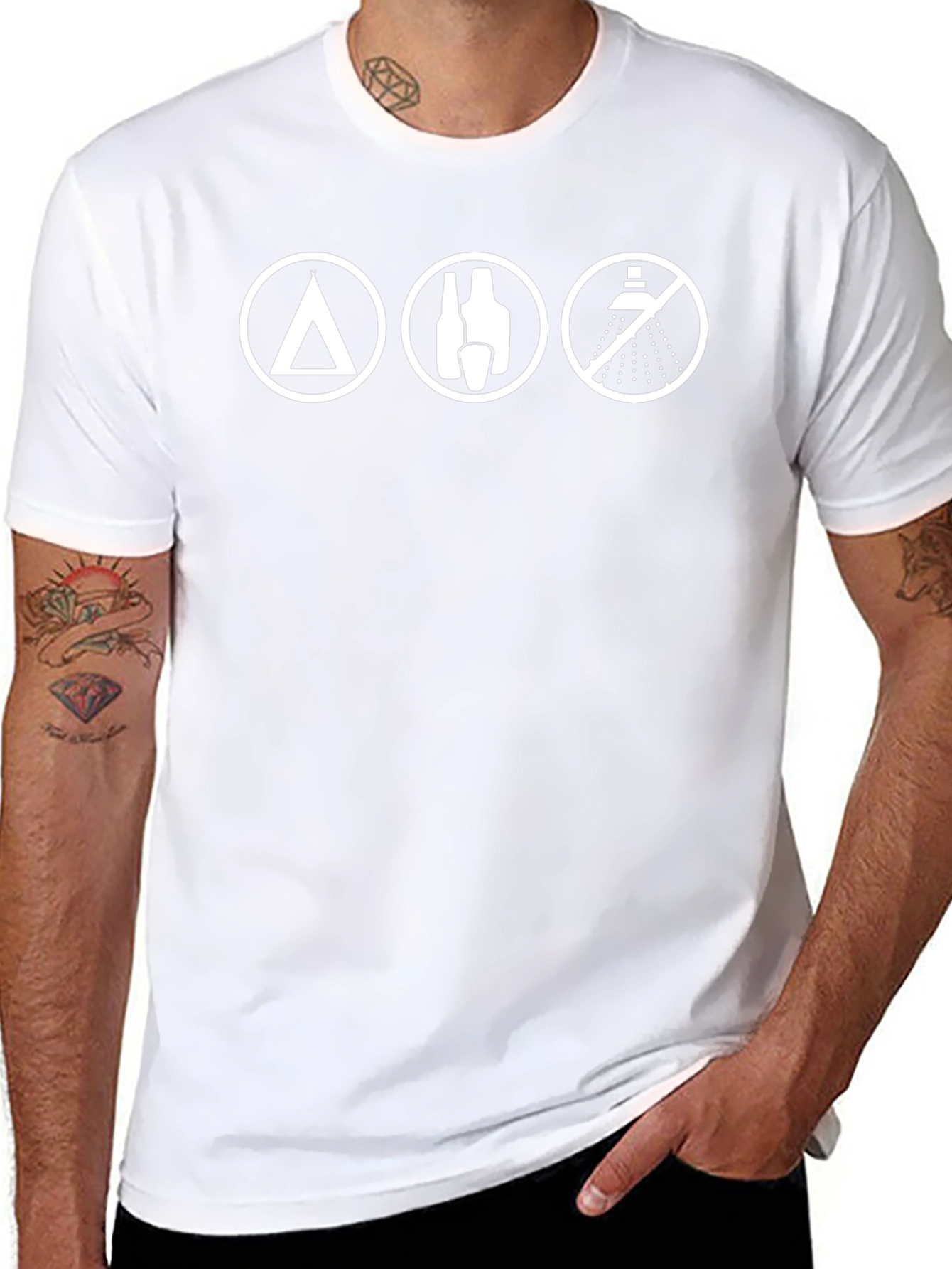 Camping Humor T-Shirt: Tent Drinks No Shower