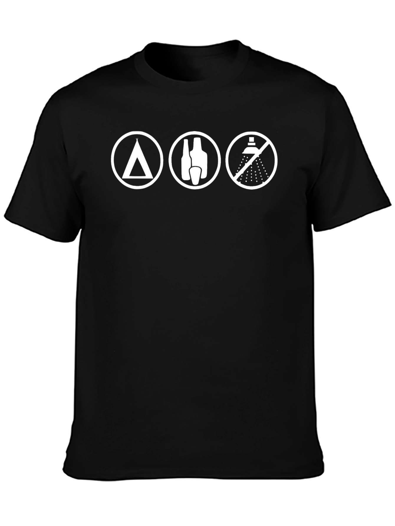 Camping Humor T-Shirt: Tent Drinks No Shower