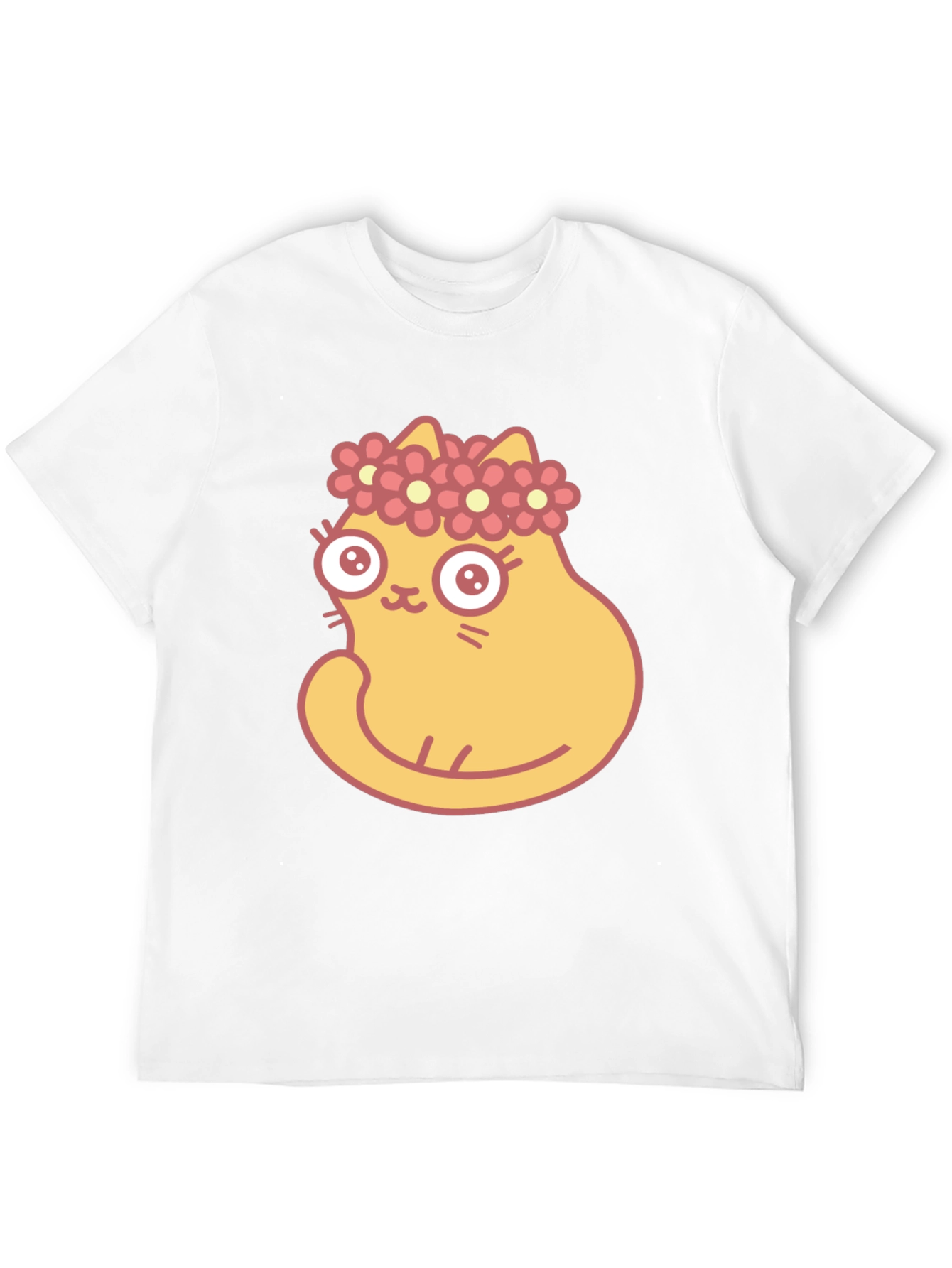 Cute Cartoon Cat with Flower Crown Black T-Shirt