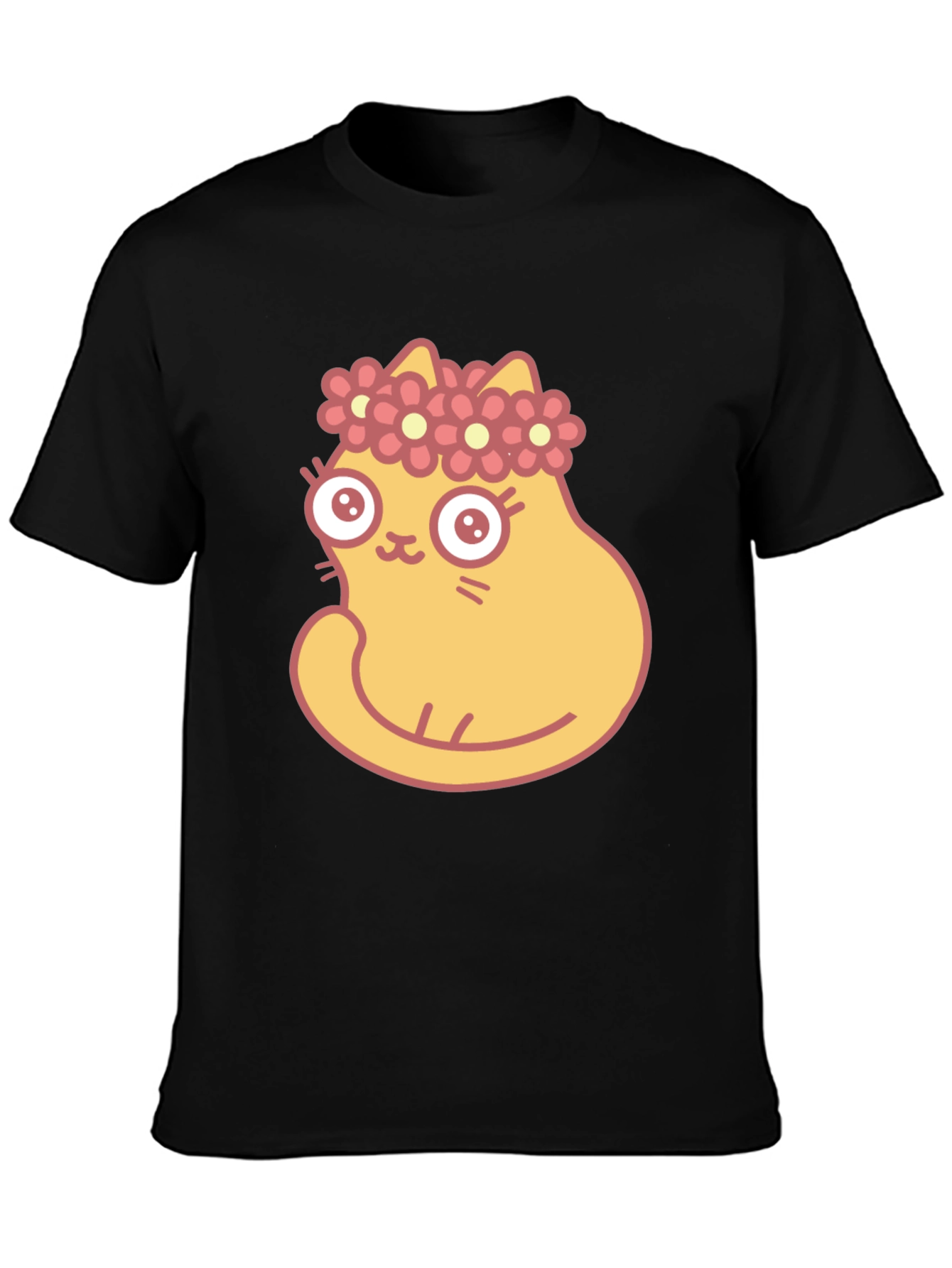 Cute Cartoon Cat with Flower Crown Black T-Shirt