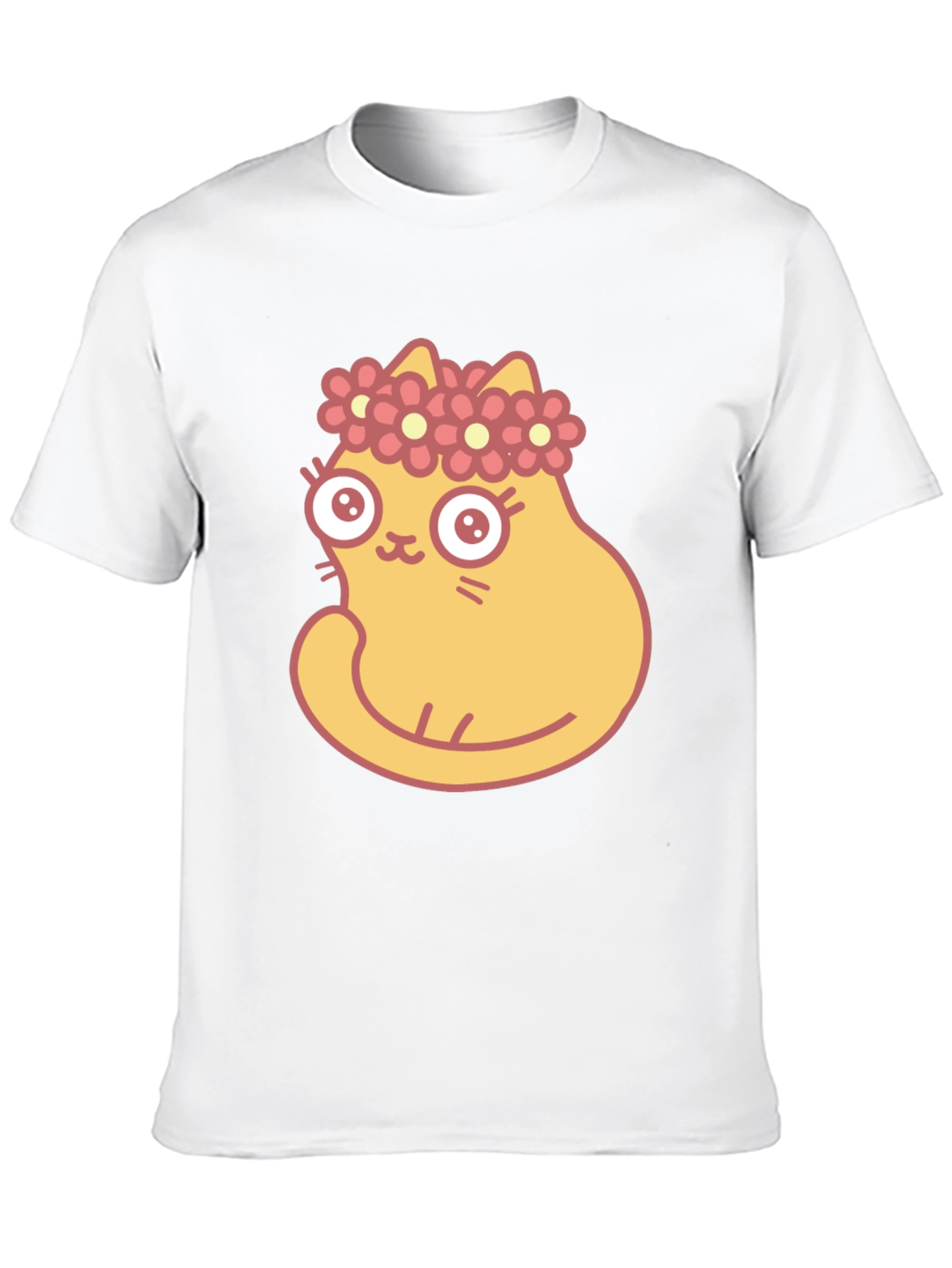 Cute Cartoon Cat with Flower Crown Black T-Shirt