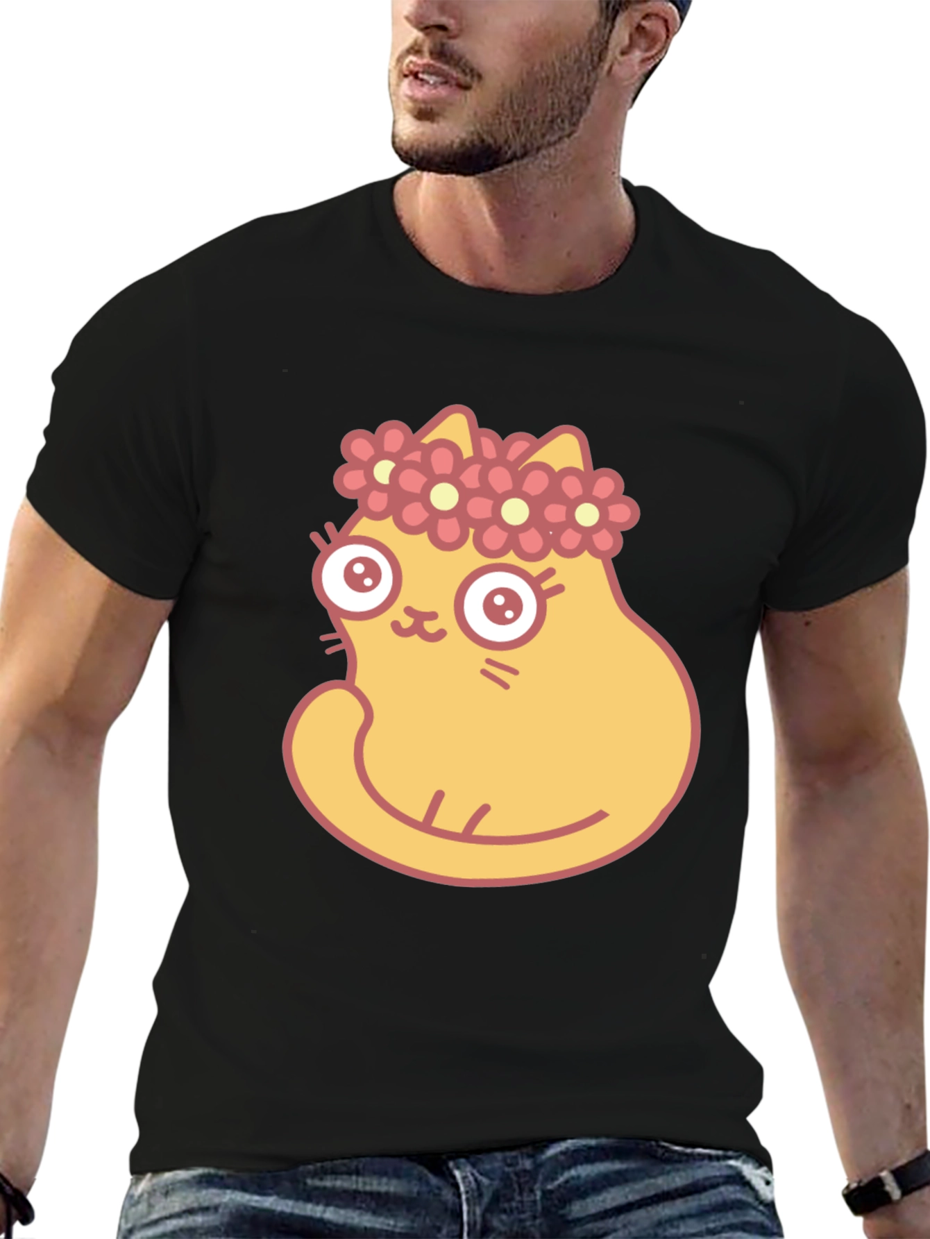 Cute Cartoon Cat with Flower Crown Black T-Shirt