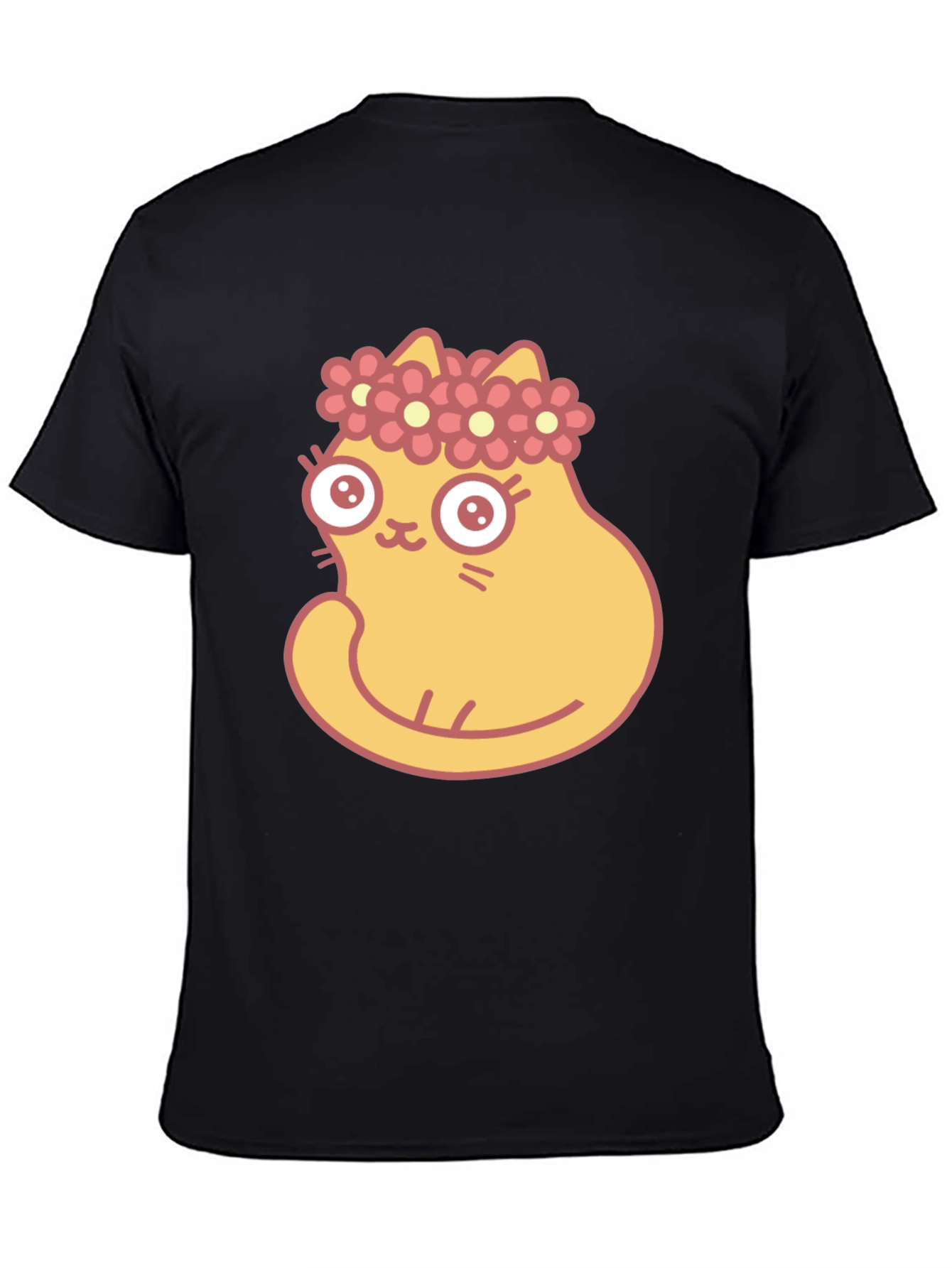 Cute Cartoon Cat with Flower Crown Black T-Shirt