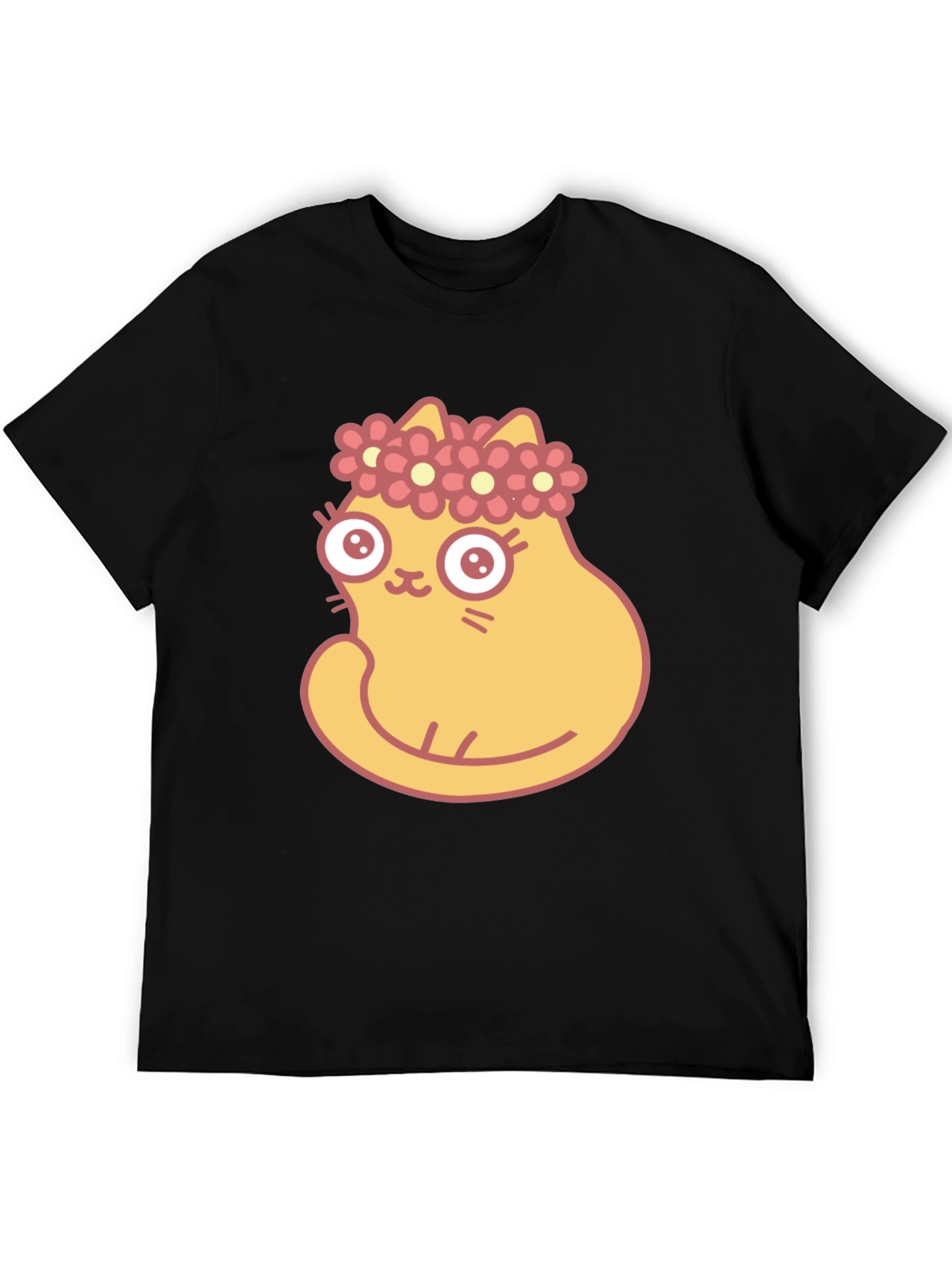 Cute Cartoon Cat with Flower Crown Black T-Shirt
