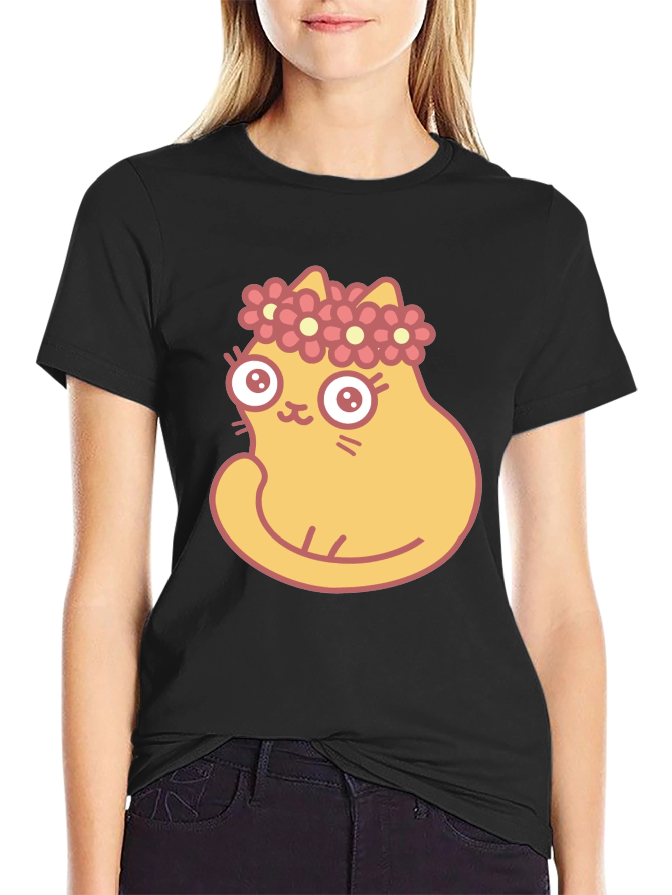 Cute Cartoon Cat with Flower Crown Black T-Shirt