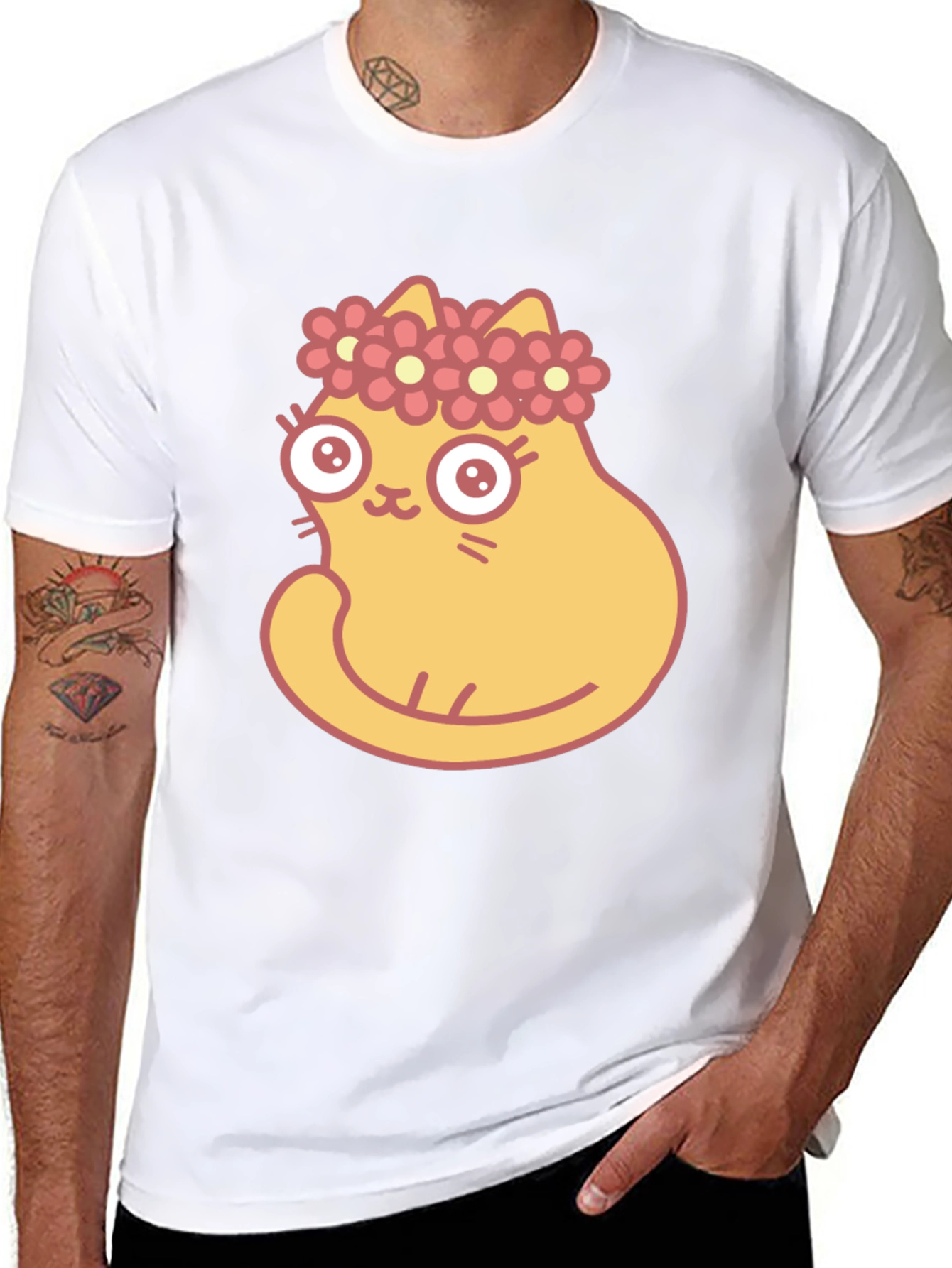 Cute Cartoon Cat with Flower Crown Black T-Shirt