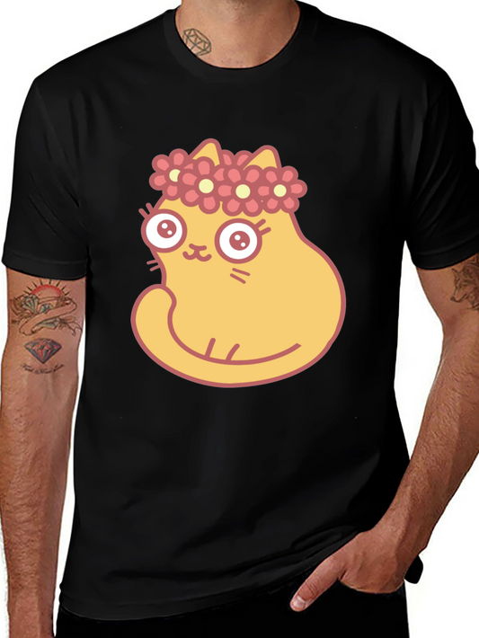 Cute Cartoon Cat with Flower Crown Black T-Shirt
