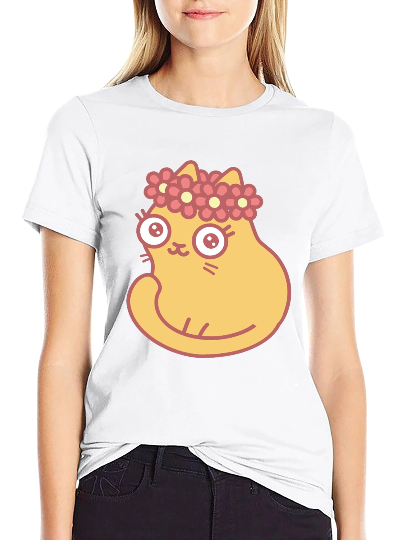 Cute Cartoon Cat with Flower Crown Black T-Shirt