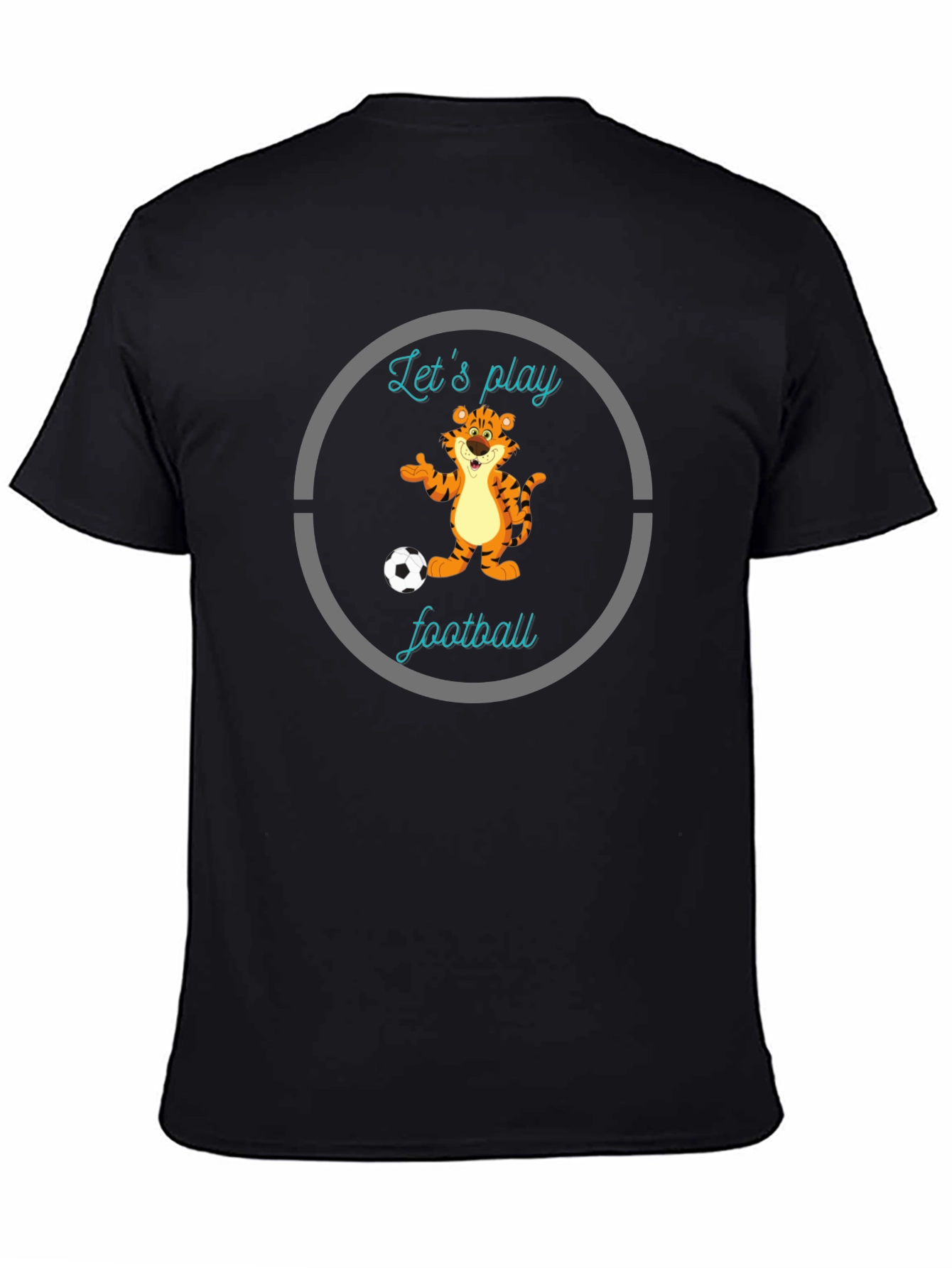 Fun Cartoon Tiger Lets Play Football Black T-Shirt